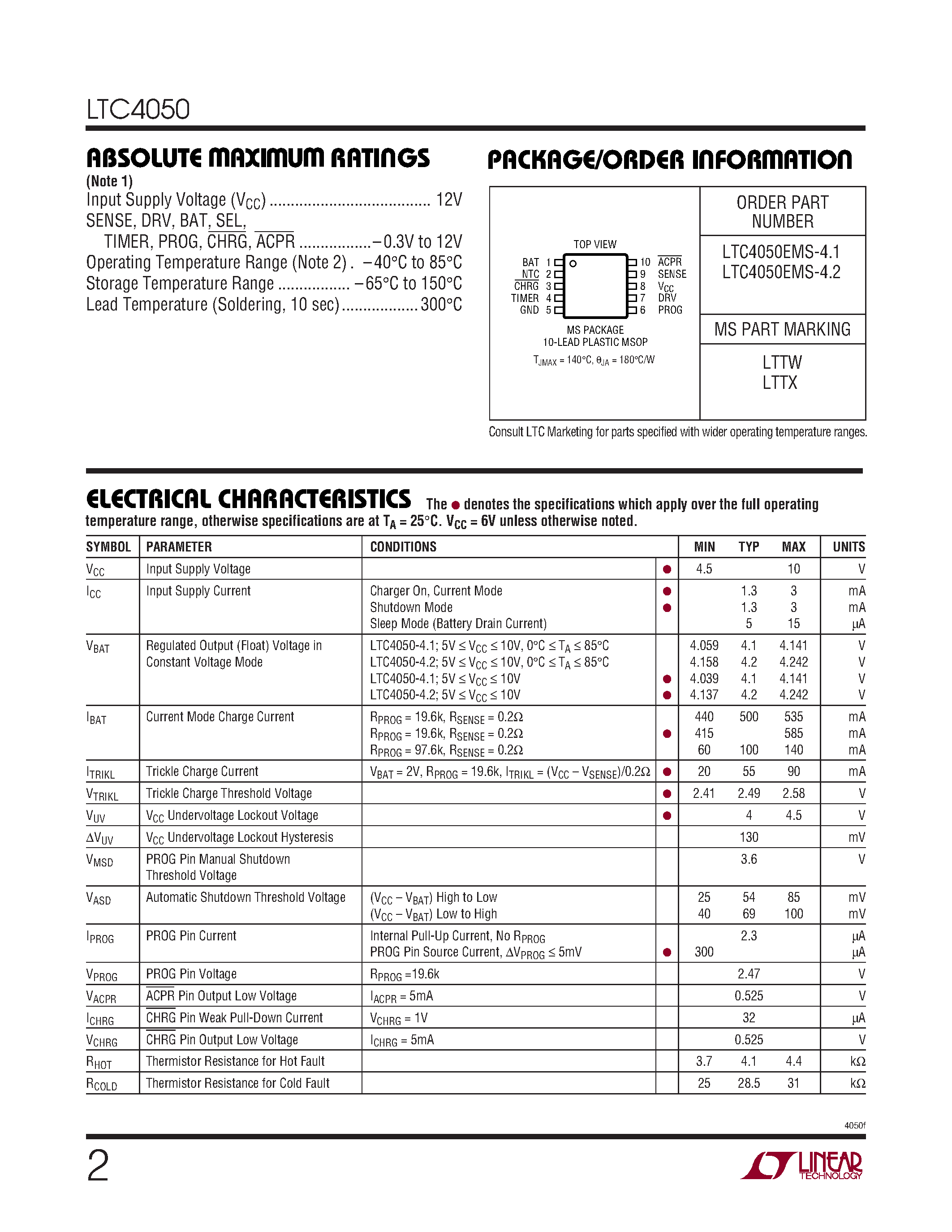 Datasheet LTC4050 - Lithium-Ion Linear Battery Charger page 2