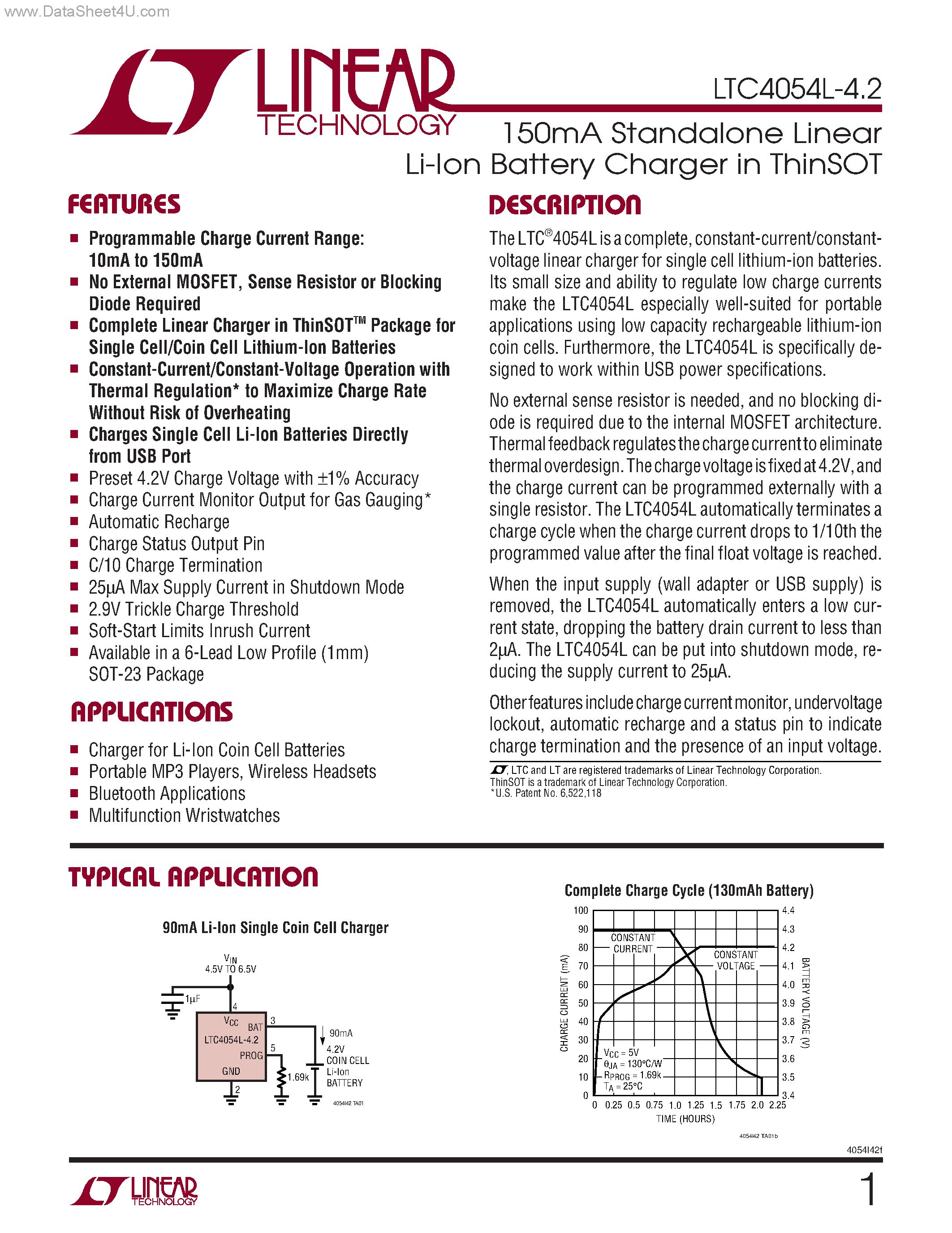 Datasheet LTC4054L-4.2 - Standalone Linear Li-Ion Battery Charger page 1