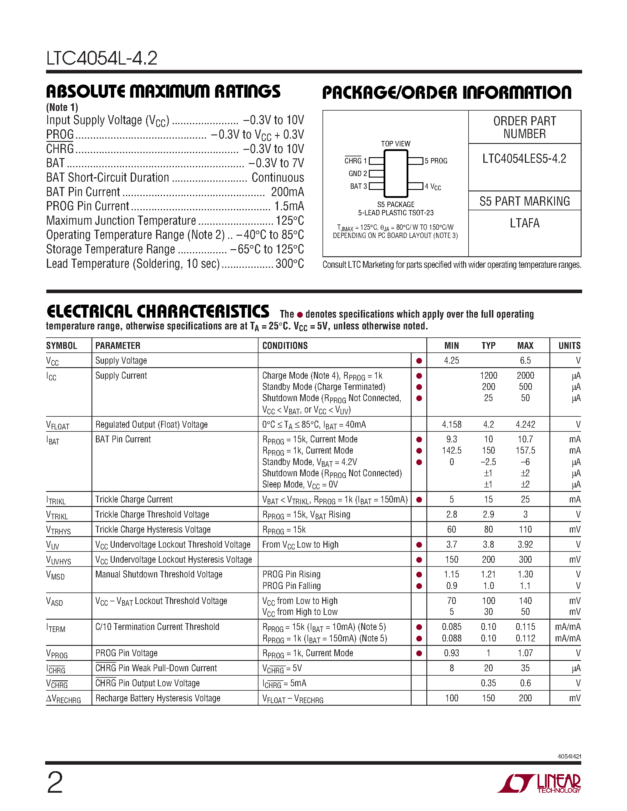 Datasheet LTC4054L-4.2 - Standalone Linear Li-Ion Battery Charger page 2