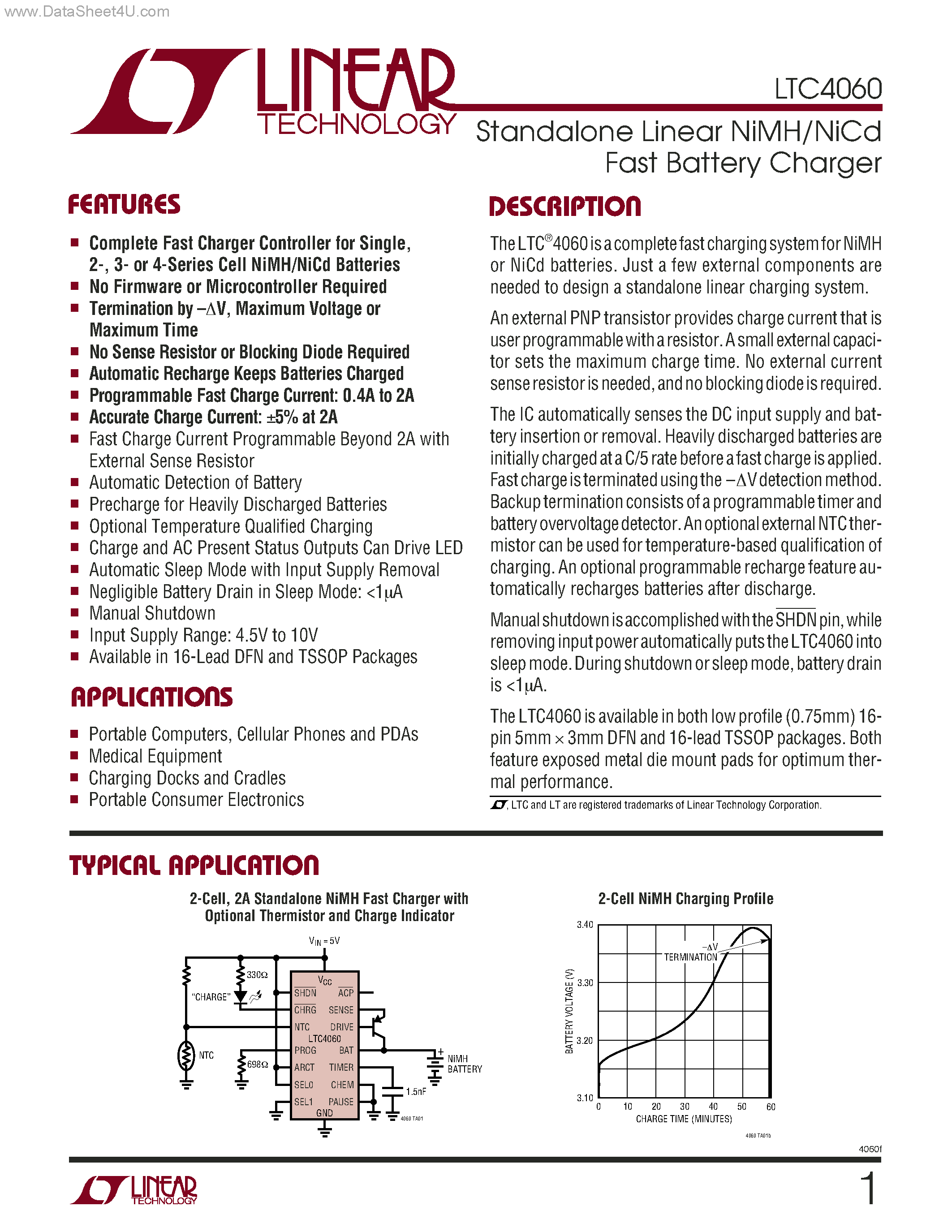 Datasheet LTC4060 - Standalone Linear NiMH/NiCd Fast Battery Charger page 1