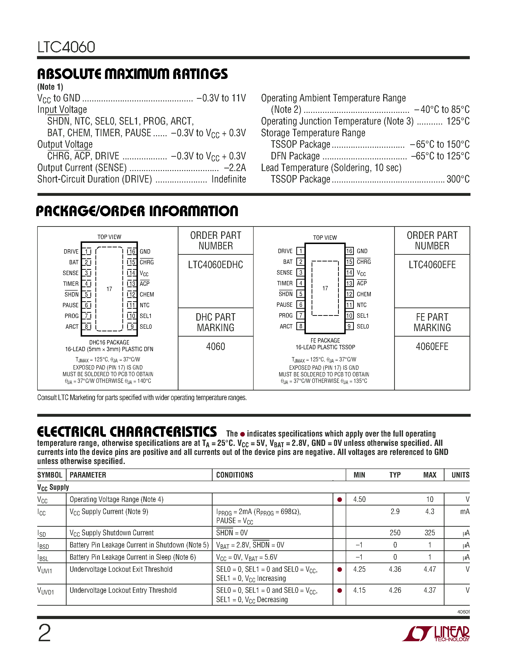 Datasheet LTC4060 - Standalone Linear NiMH/NiCd Fast Battery Charger page 2