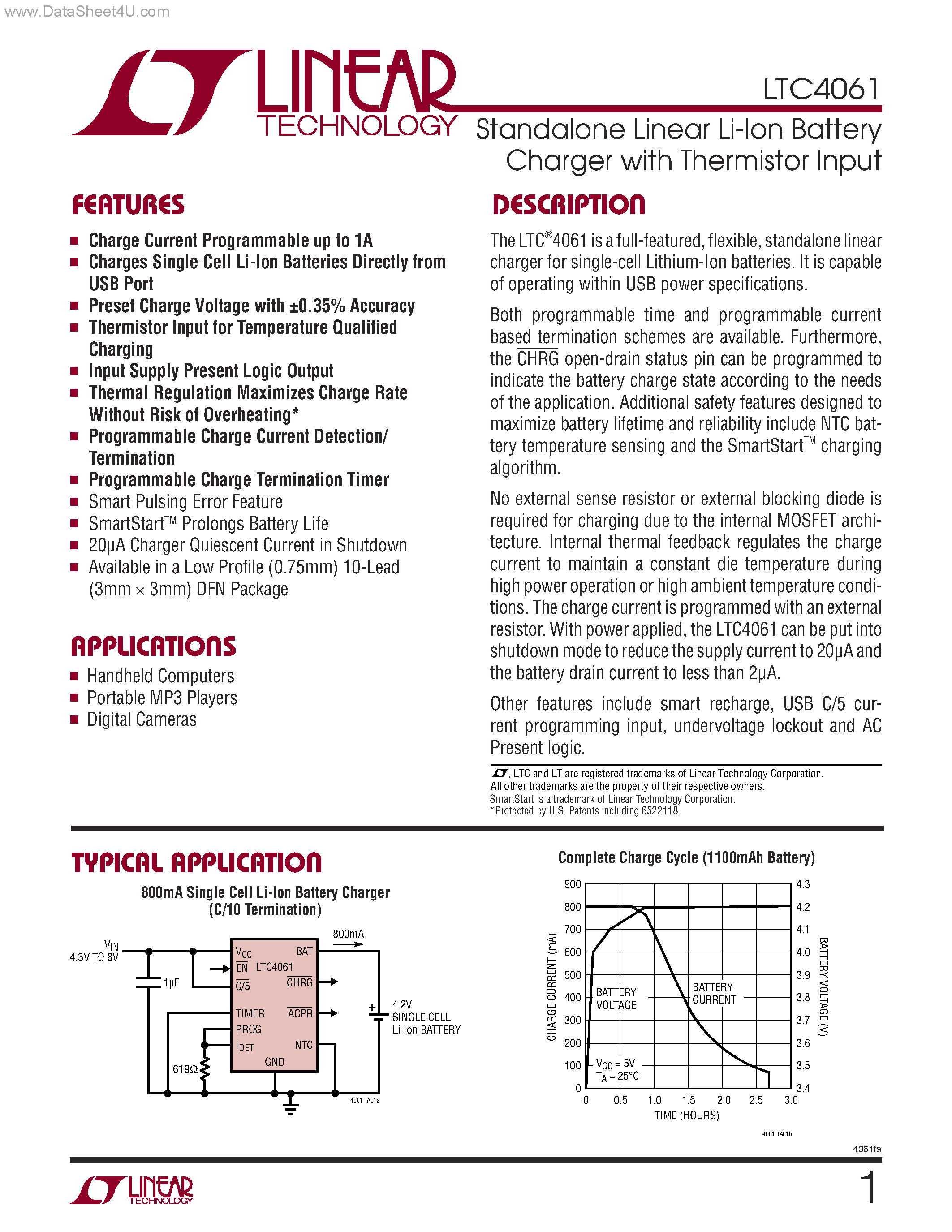 Datasheet LTC4061 - Standalone Linear Li-lon Battery Charger page 1