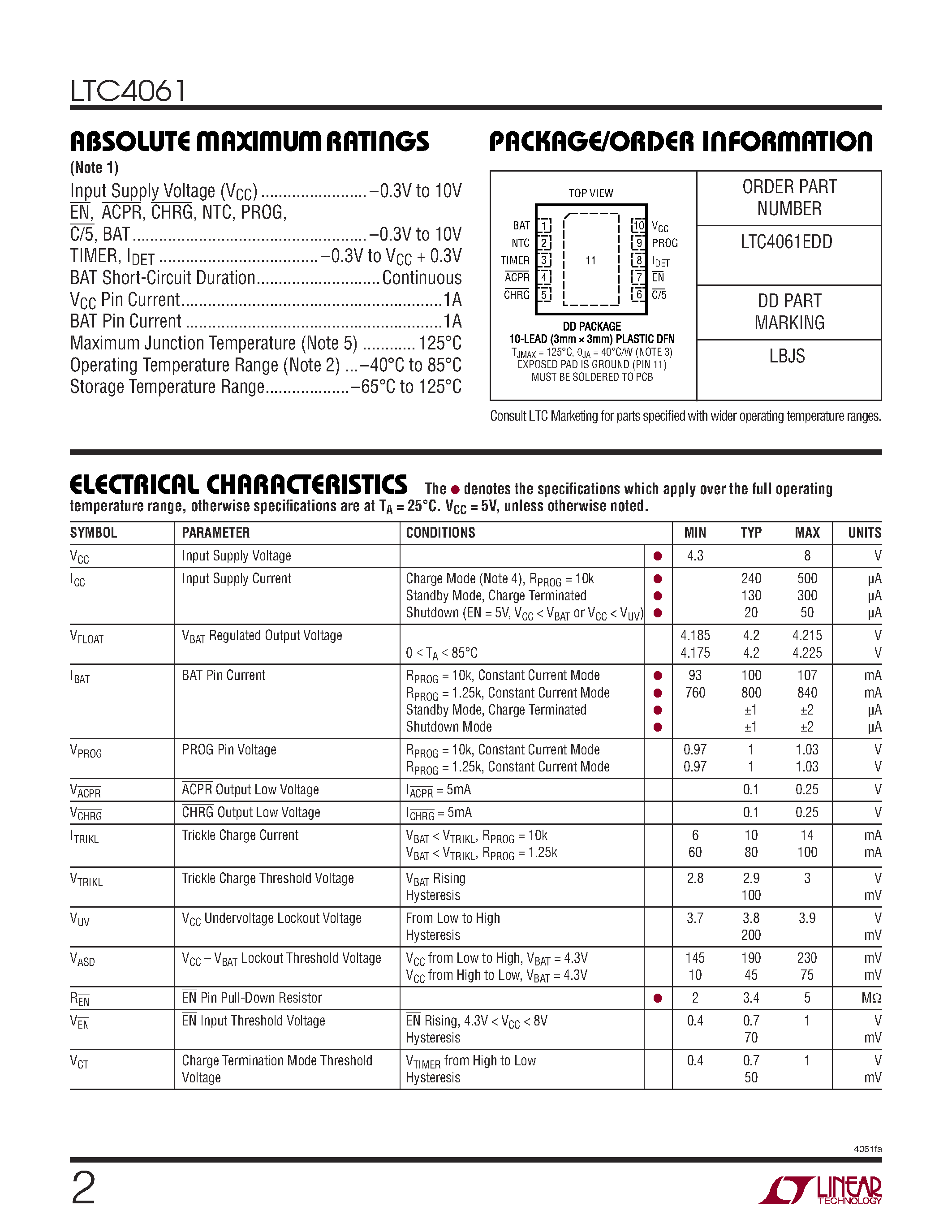Datasheet LTC4061 - Standalone Linear Li-lon Battery Charger page 2