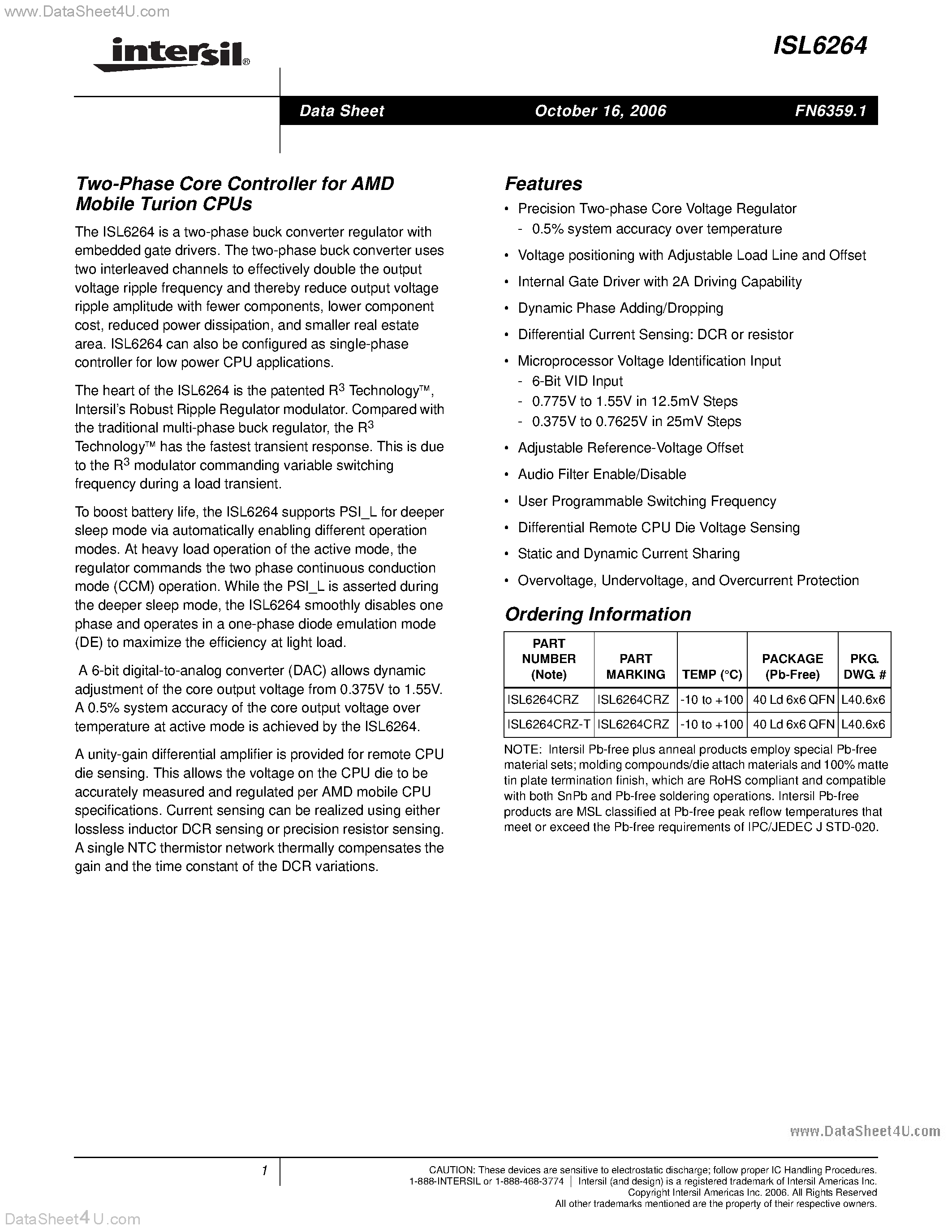 Datasheet ISL6264 page 1 Datasheet ISL6264 - 2-Phase Core Controller page 1