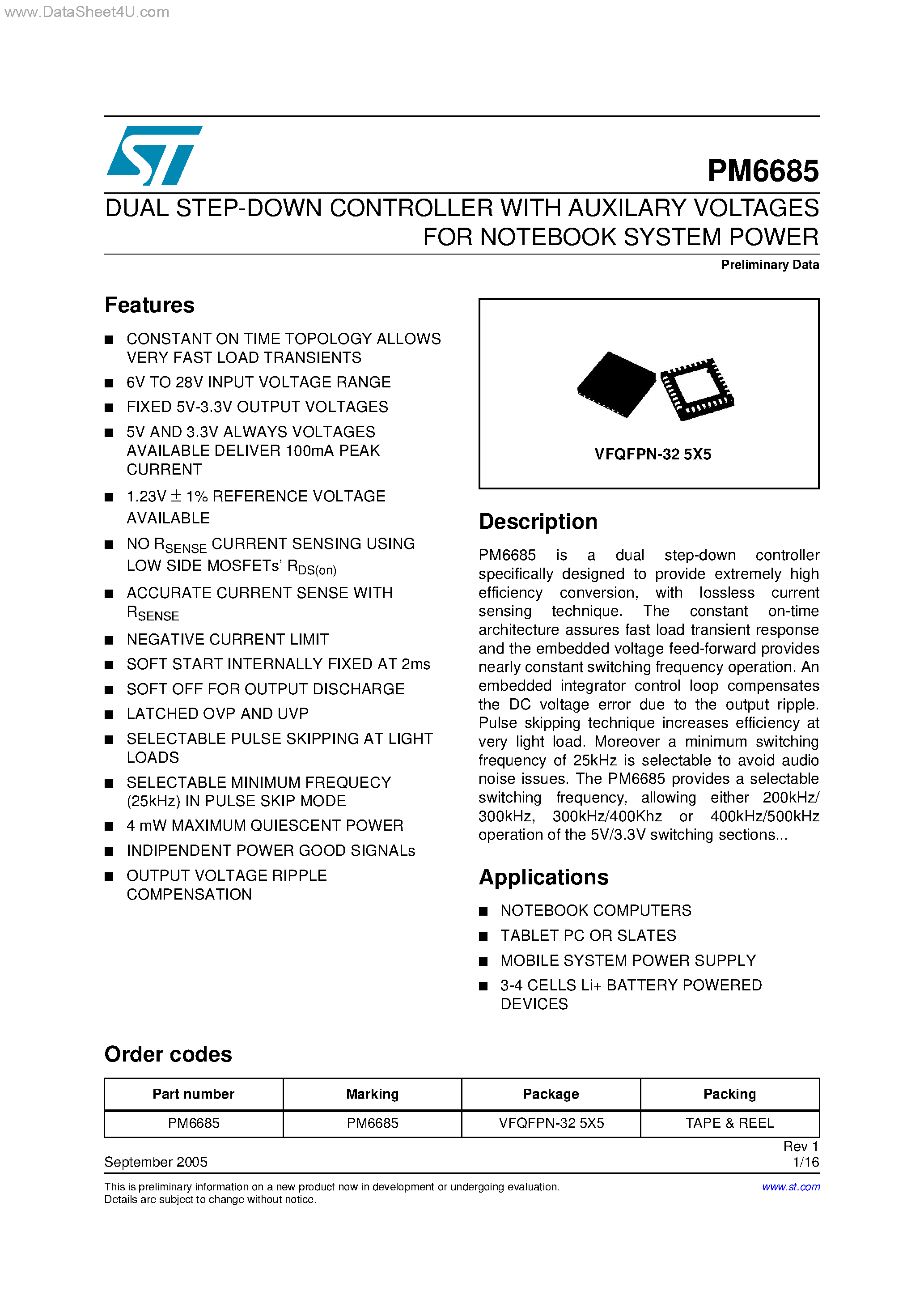 Datasheet PM6685 page 1 Datasheet PM6685 - DUAL STEP-DOWN CONTROLLER page 1