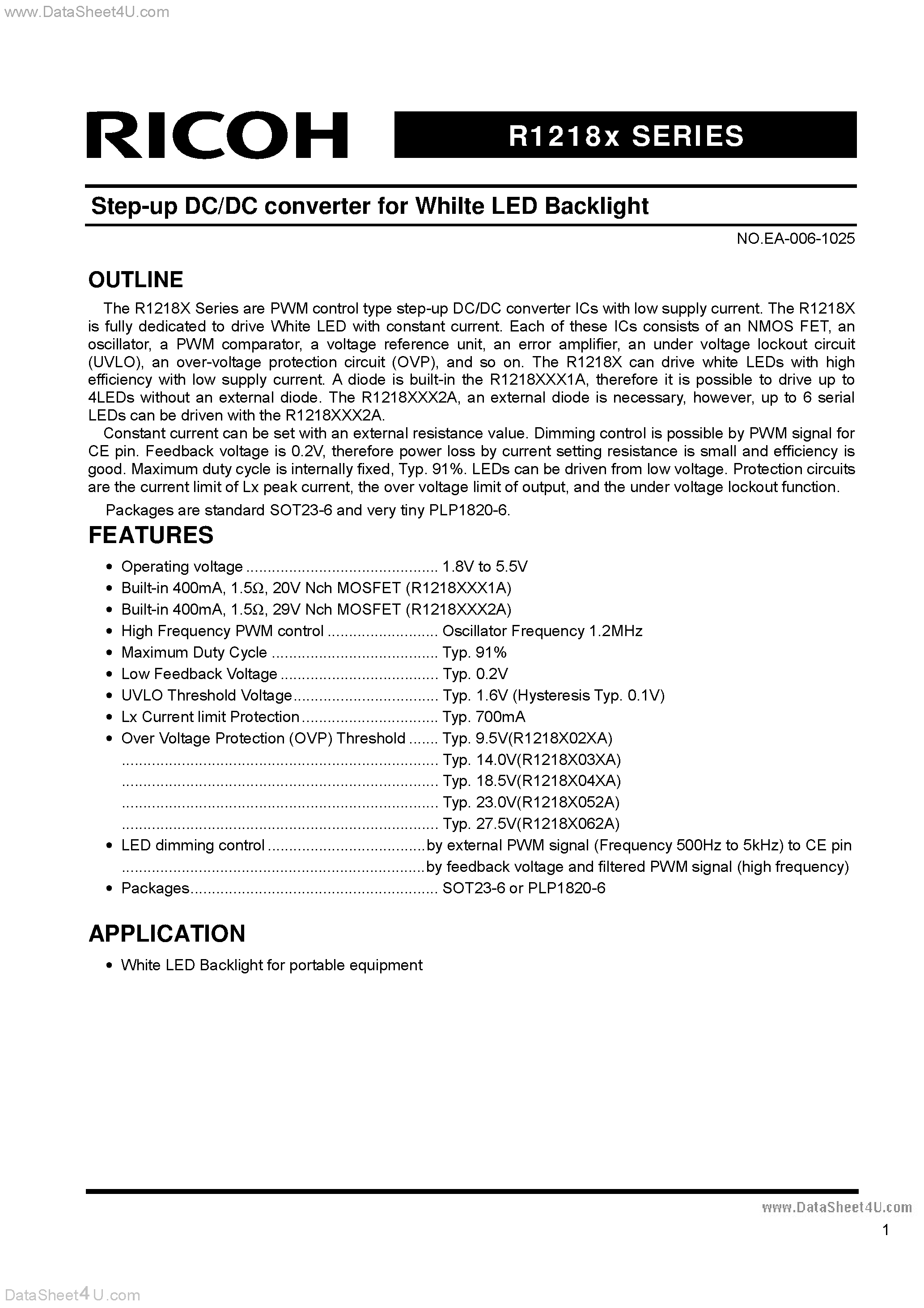 Datasheet R1218X - Step Up DC/DC Converter page 1