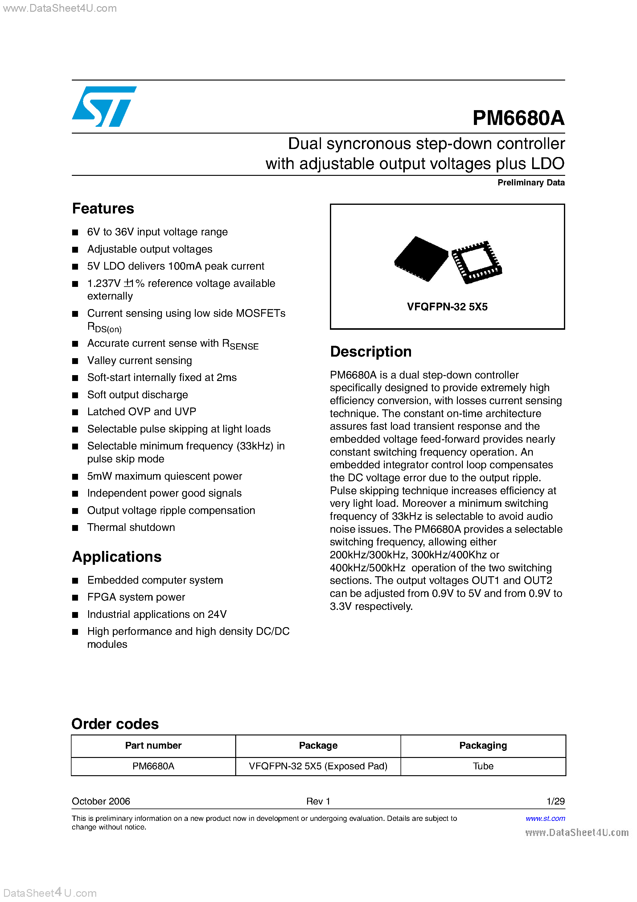 Datasheet PM6680A page 1 Datasheet PM6680A - DUAL STEP-DOWN CONTROLLER page 1