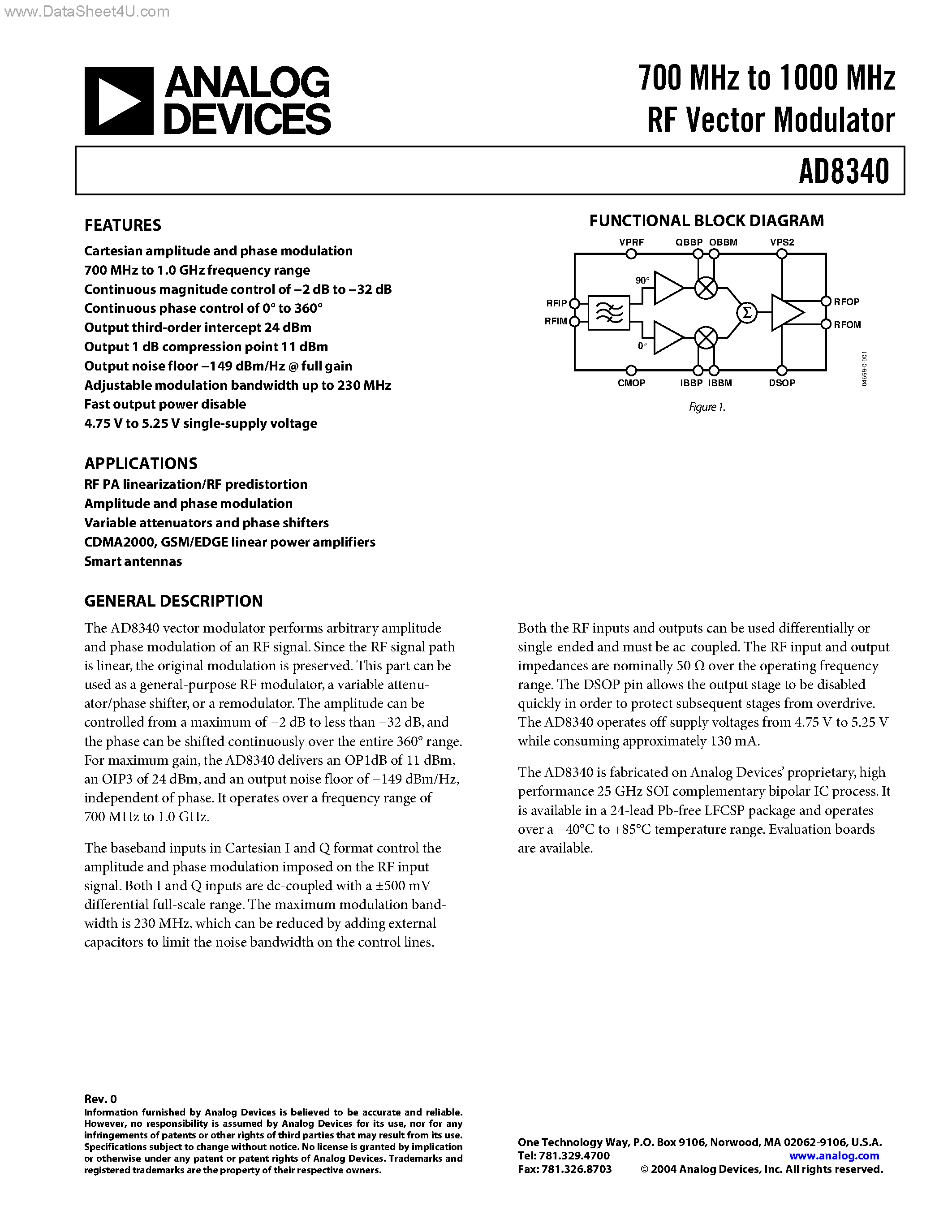 Даташит на микросхему AD8340 страница 1 Даташит AD8340 - RF Vector Modulator страница 1