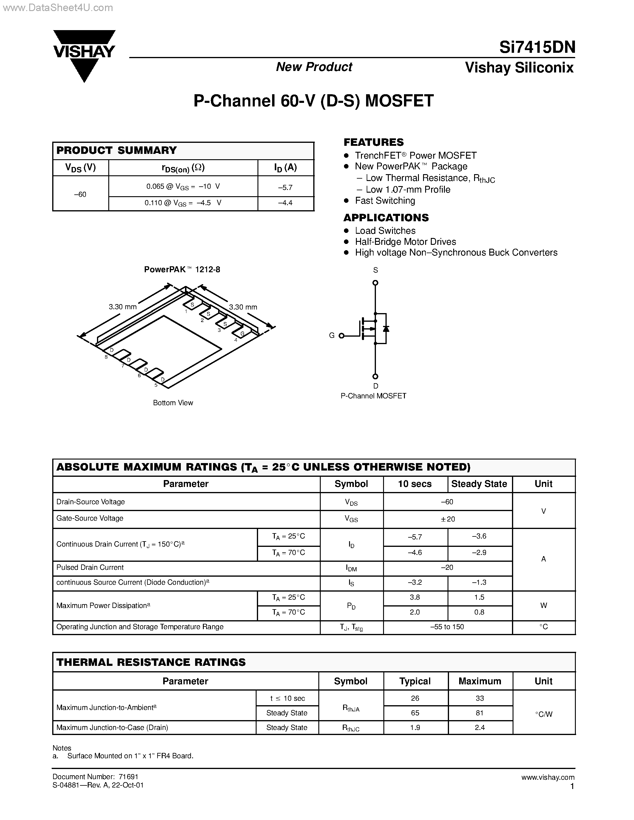Даташит на микросхему SI7415DN страница 1 Даташит SI7415DN - P-Channel 60-V (D-S) MOSFET страница 1
