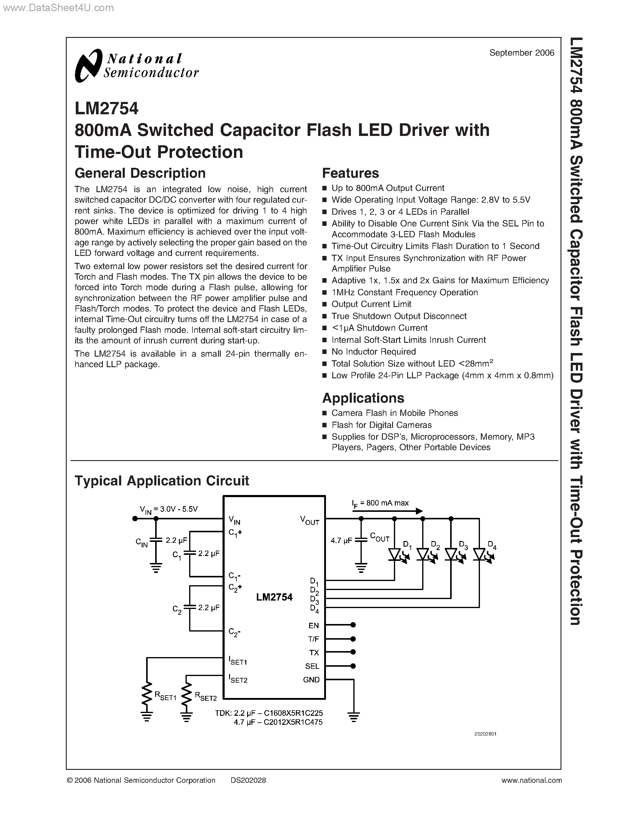 Datasheet LM2754 - 800mA Switched Capacitor Flash LED Driver page 1