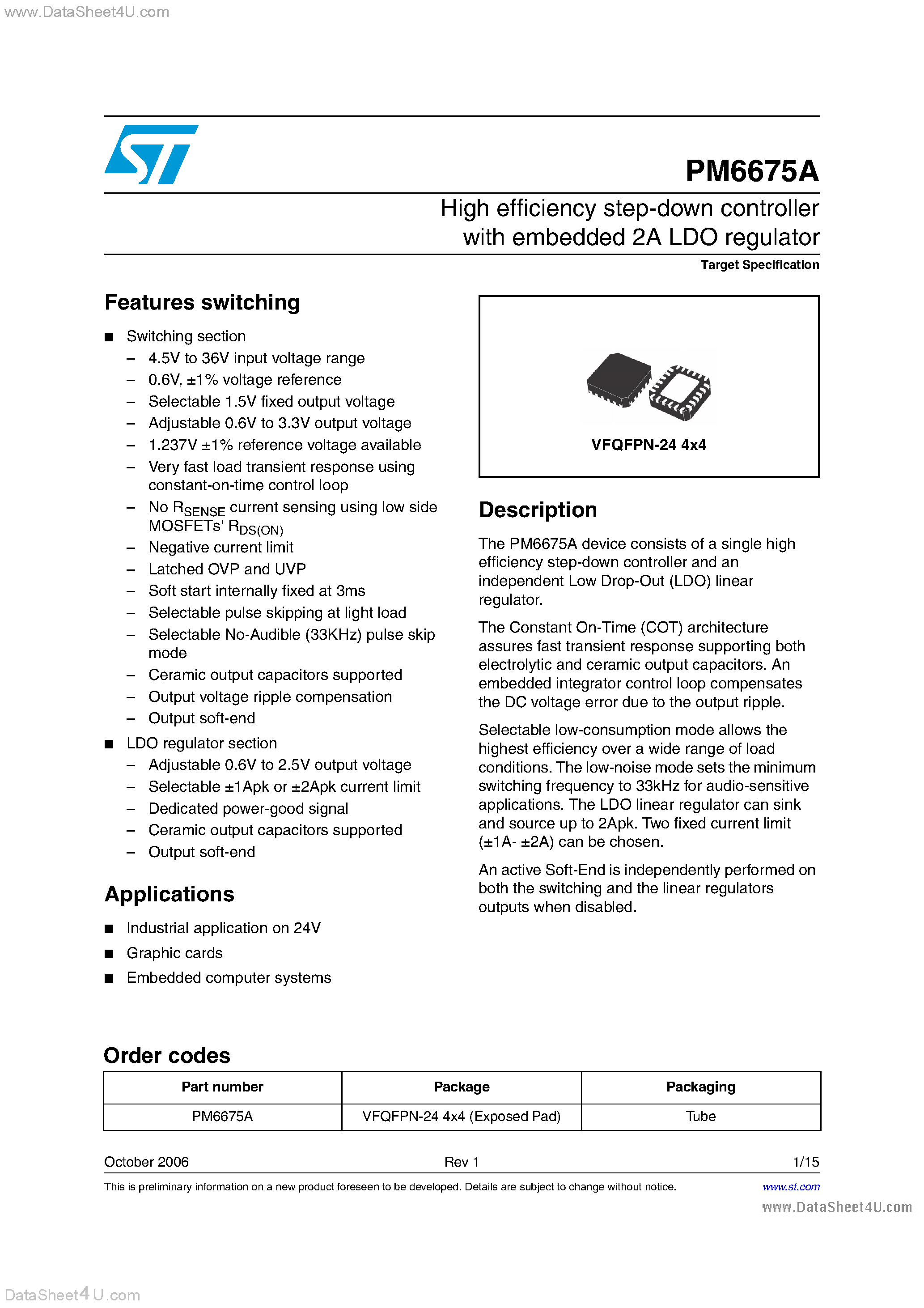 Datasheet PM6675A page 1 Datasheet PM6675A - High Efficiency Step Down Controller page 1