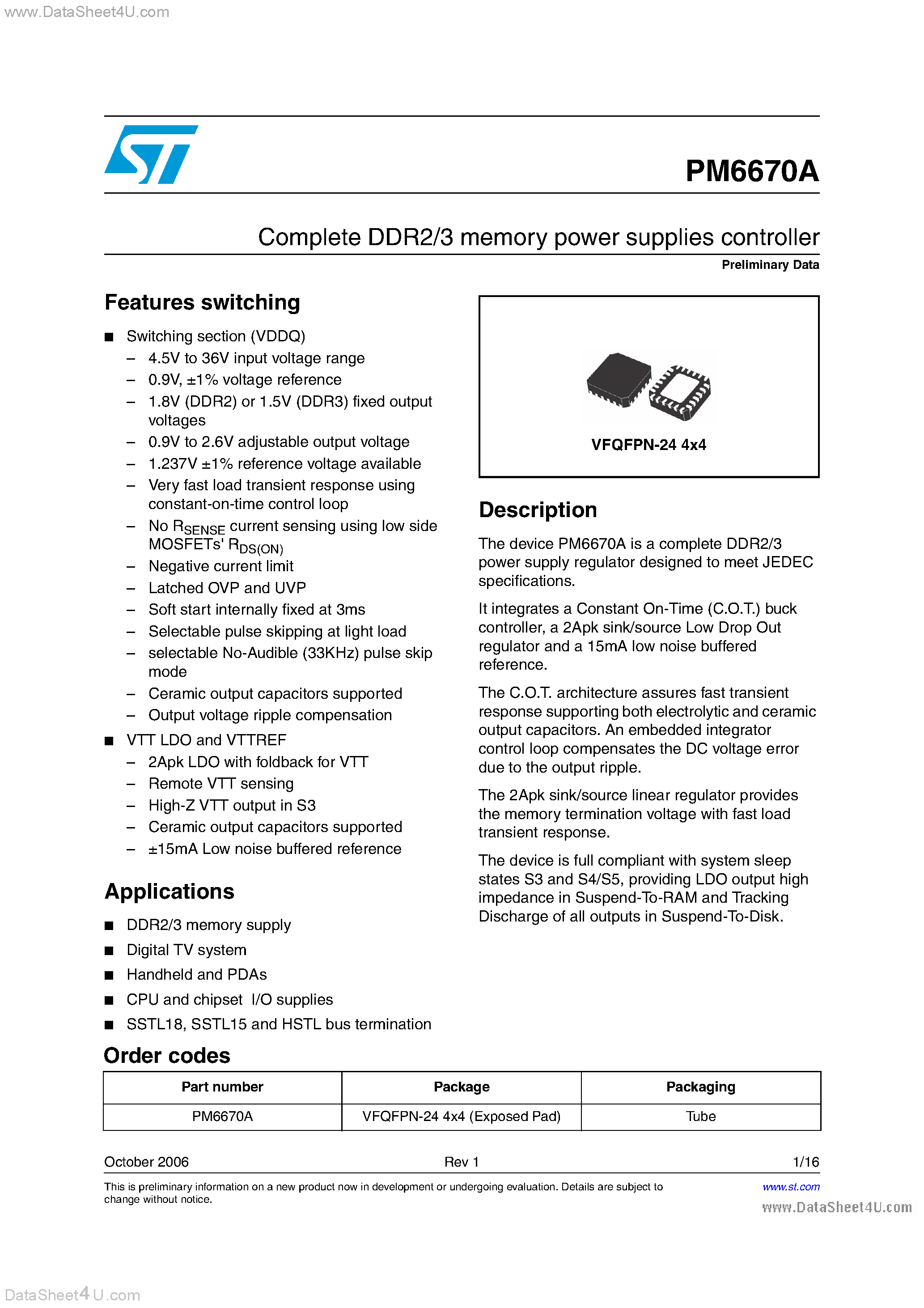 Datasheet PM6670A page 1 Datasheet PM6670A - Complete DDR2/3 Memory Power Supplies Controller page 1