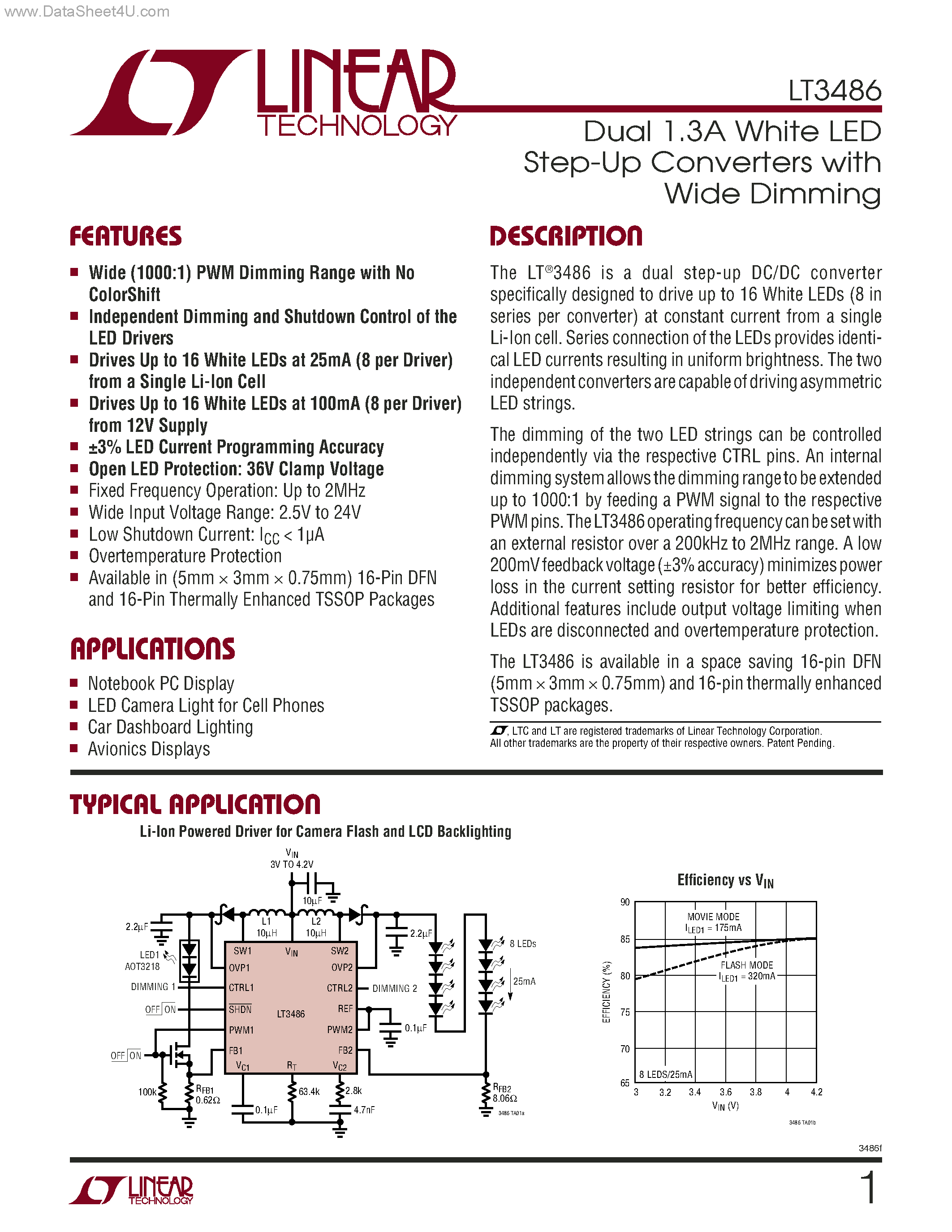 Datasheet LT3486 page 1 Datasheet LT3486 - Dual 1.3A White LED Step-Up Converters page 1