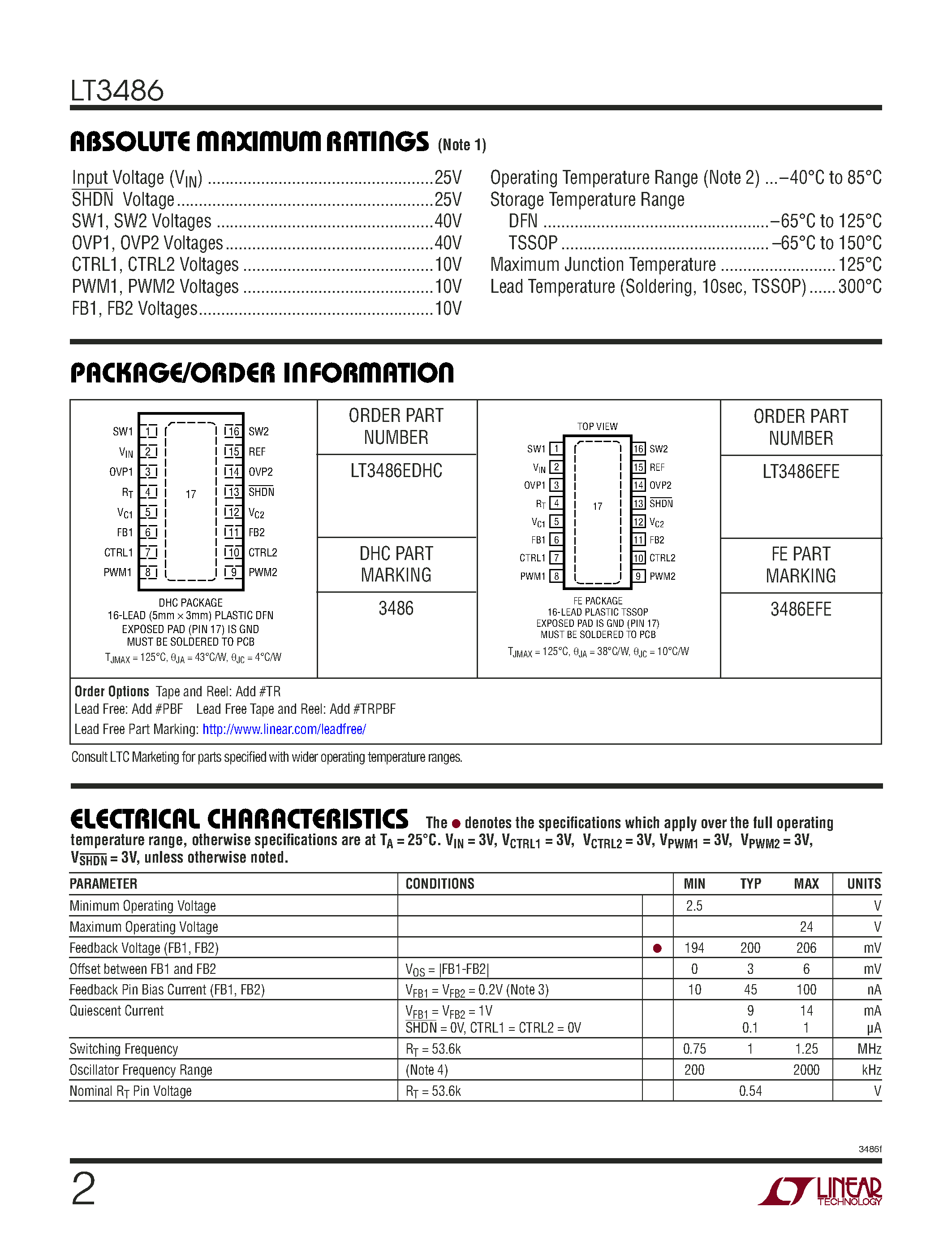 Datasheet LT3486 page 2 Datasheet LT3486 - Dual 1.3A White LED Step-Up Converters page 2
