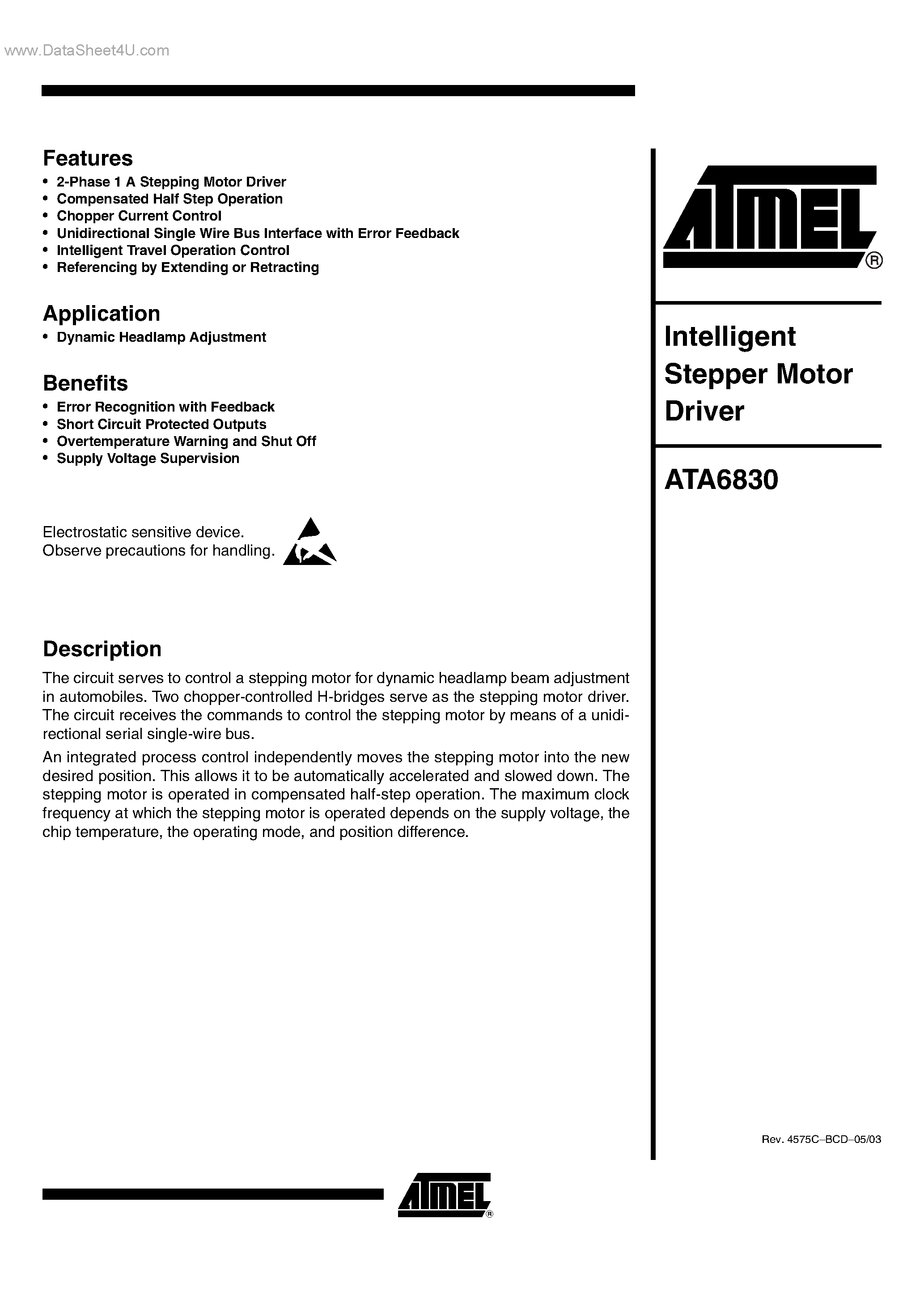 Datasheet ATA6830 - INTELLIGENT STEPPER MOTOR DRIVER page 1