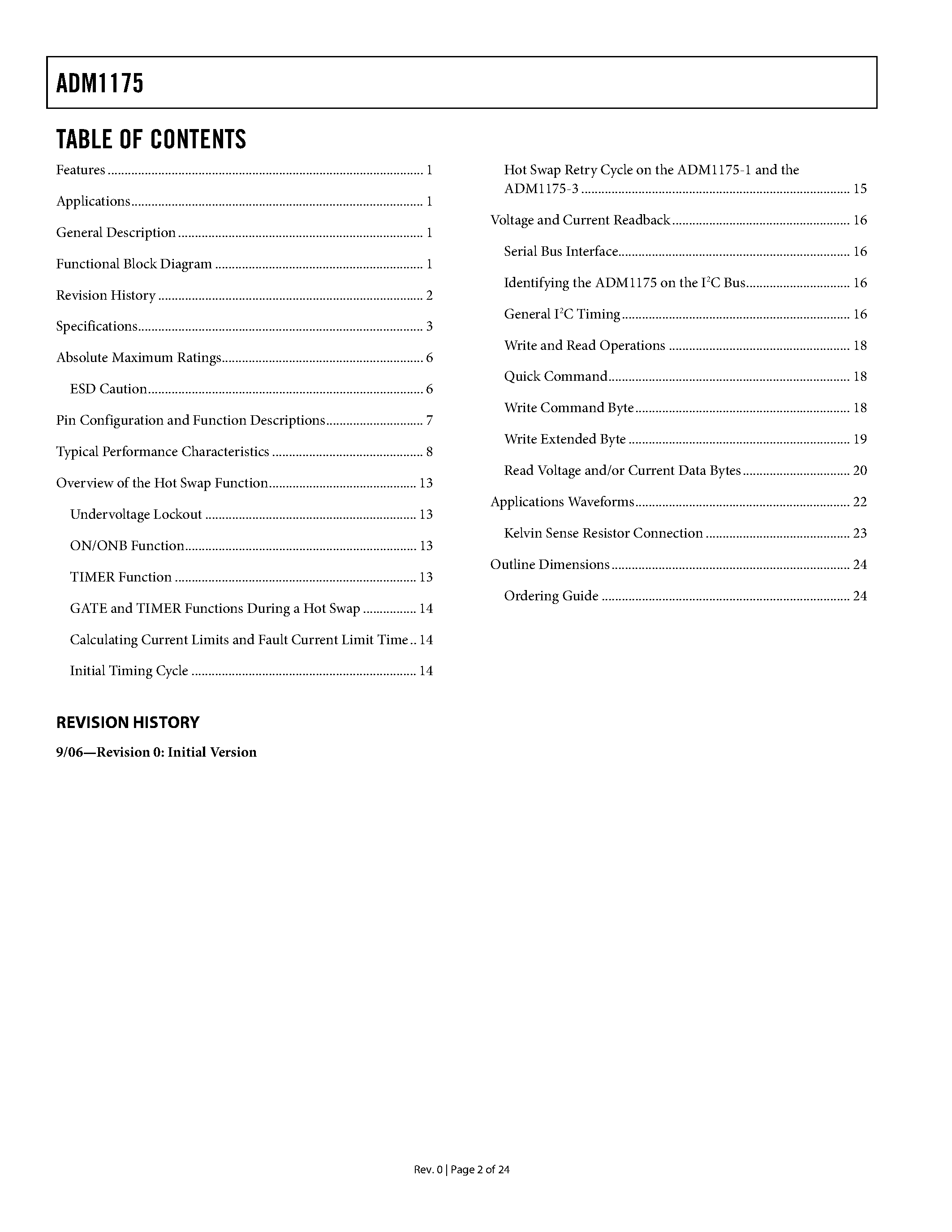 Datasheet ADM1175 page 2 Datasheet ADM1175 - Hot Swap Controller and Digital Power Monitor page 2