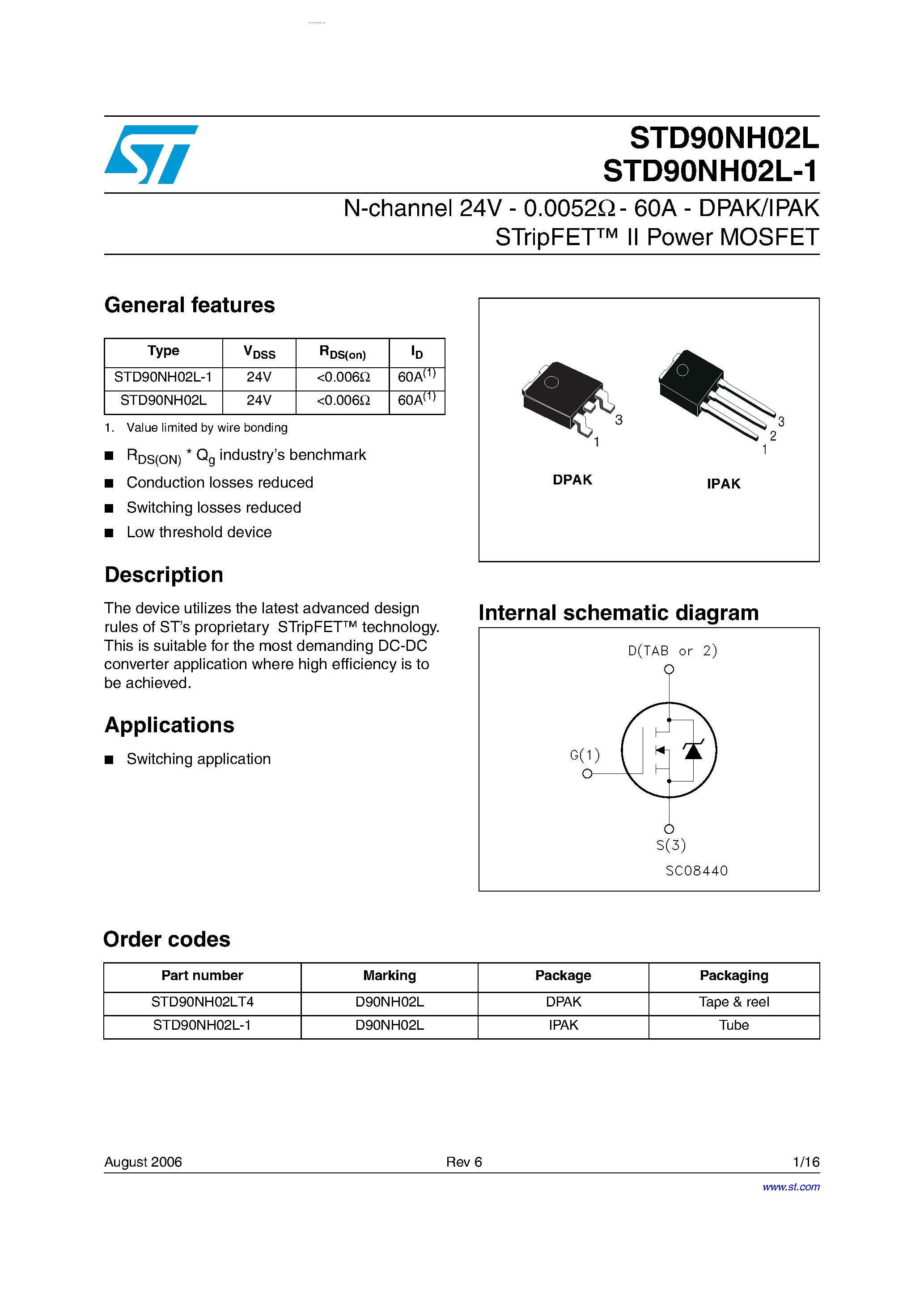 Datasheet STD90NH02L page 1 Datasheet STD90NH02L - N-CHANNEL POWER MOSFET page 1