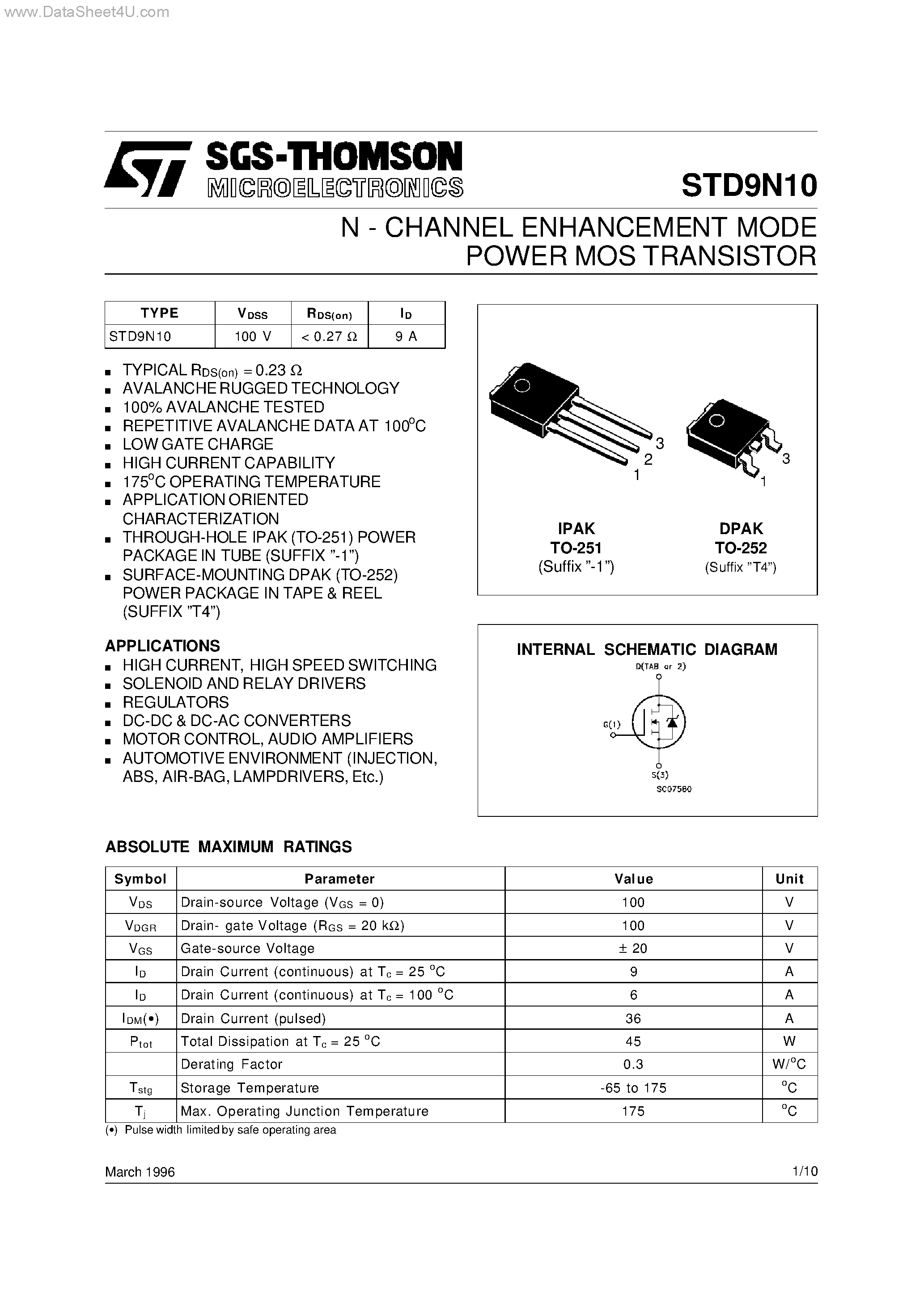 Datasheet STD9N10 page 1 Datasheet STD9N10 - N-CHANNEL ENHANCEMENT MODE POWER MOS TRANSISTOR page 1