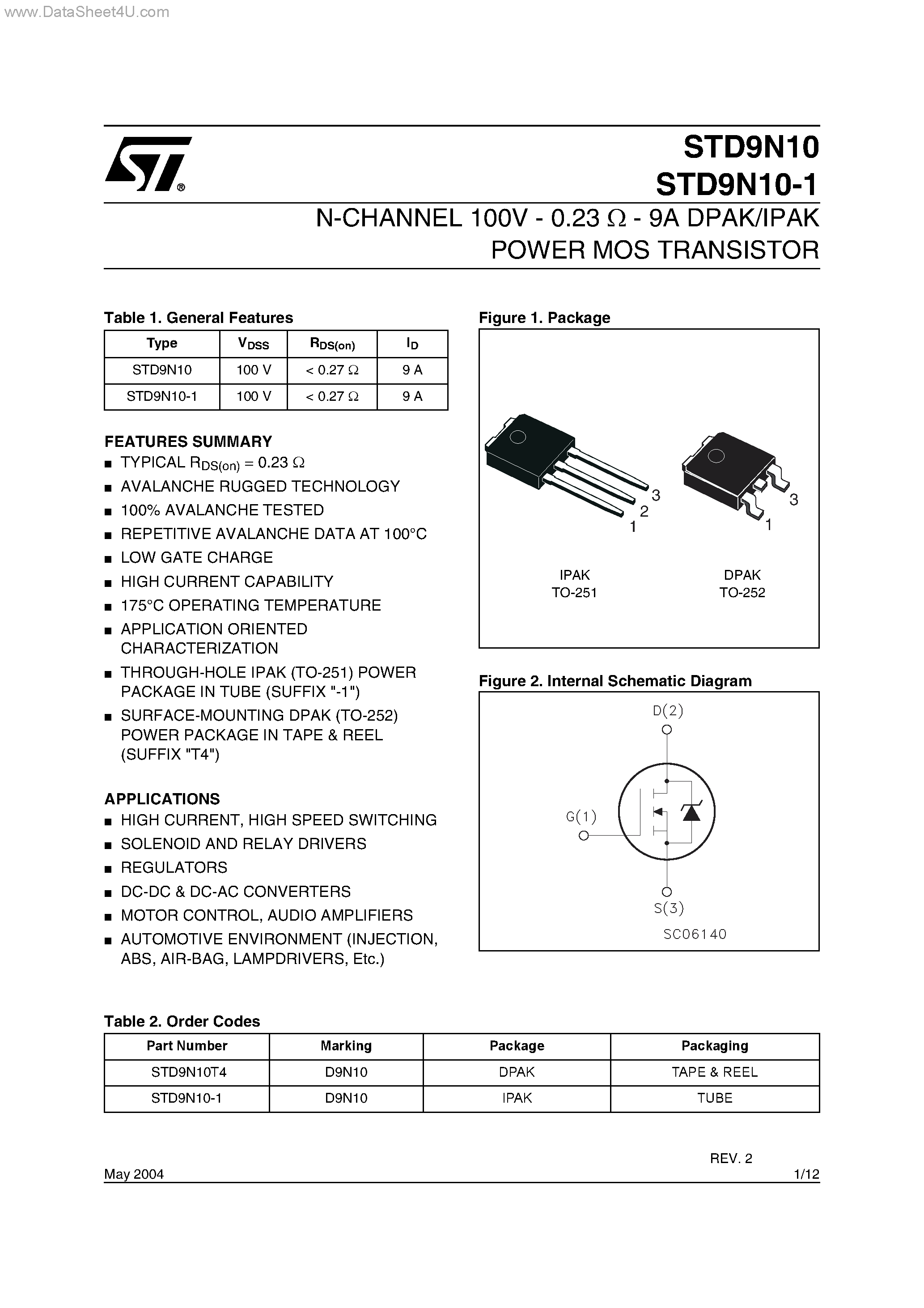 Datasheet STD9N10-1 - N-CHANNEL POWER MOS TRANSISTOR page 1