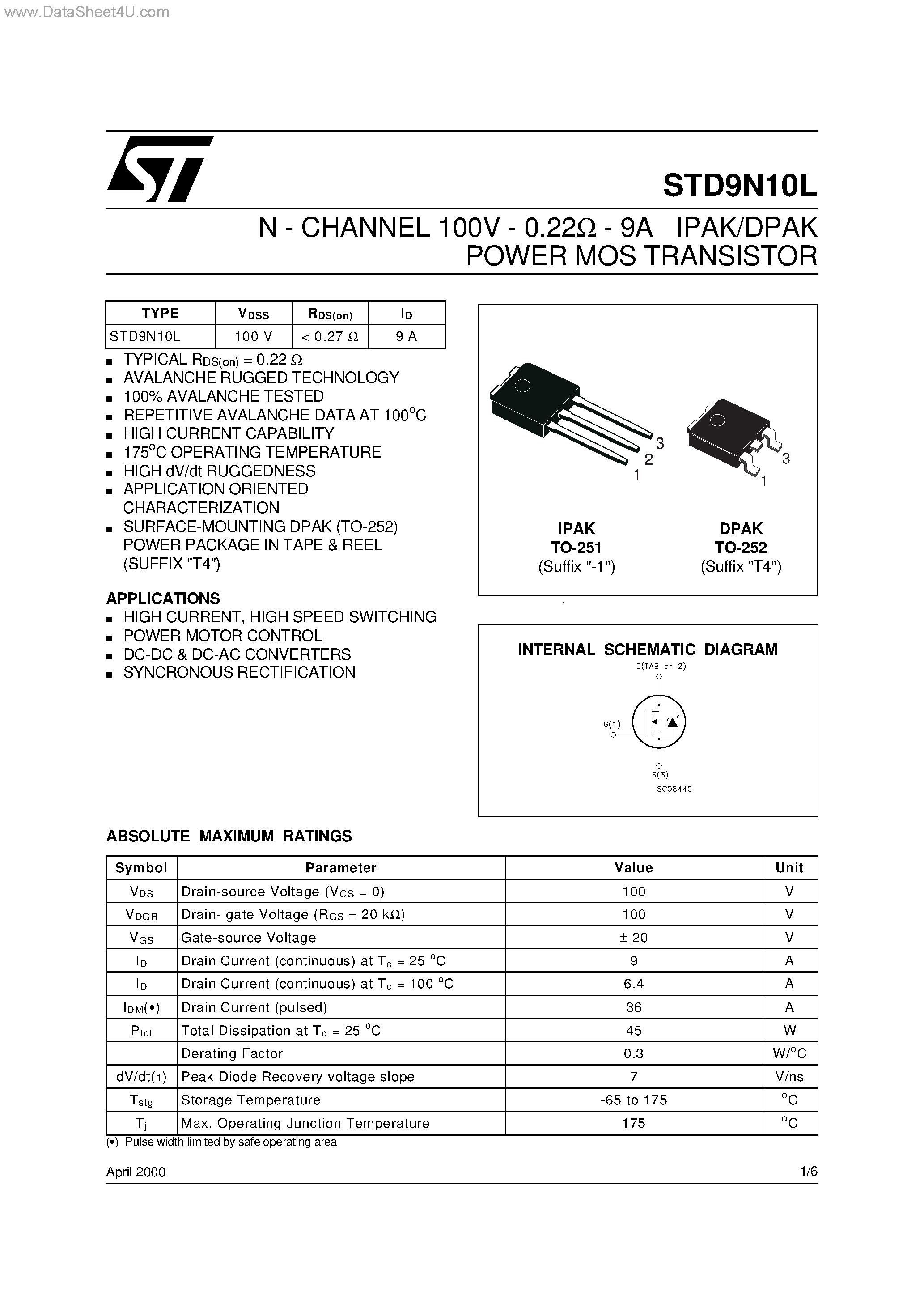 Datasheet STD9N10L - N-CHANNEL POWER MOS TRANSISTOR page 1