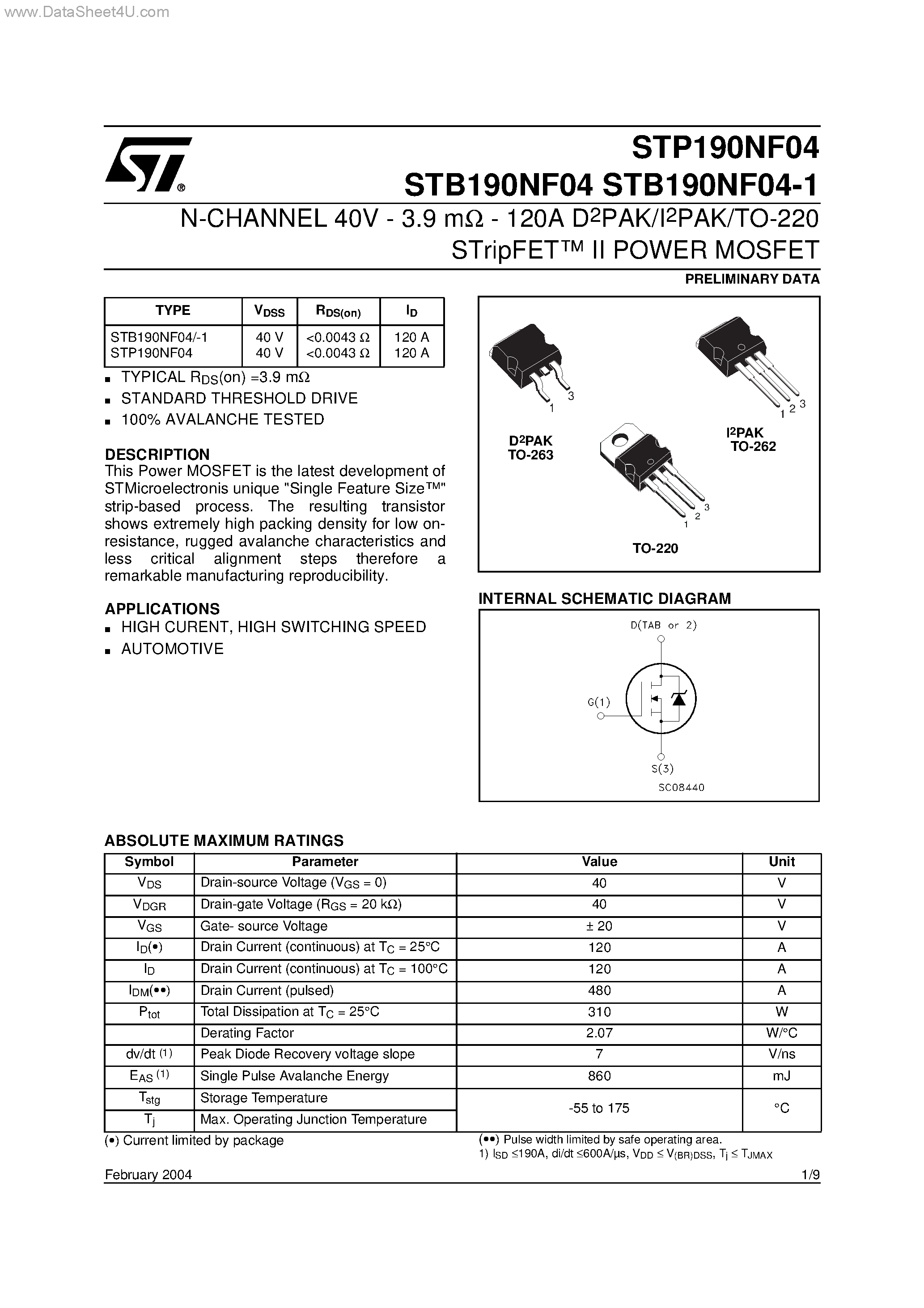 Datasheet STP190NF04 page 1 Datasheet STP190NF04 - N-CHANNEL POWER MOSFET page 1