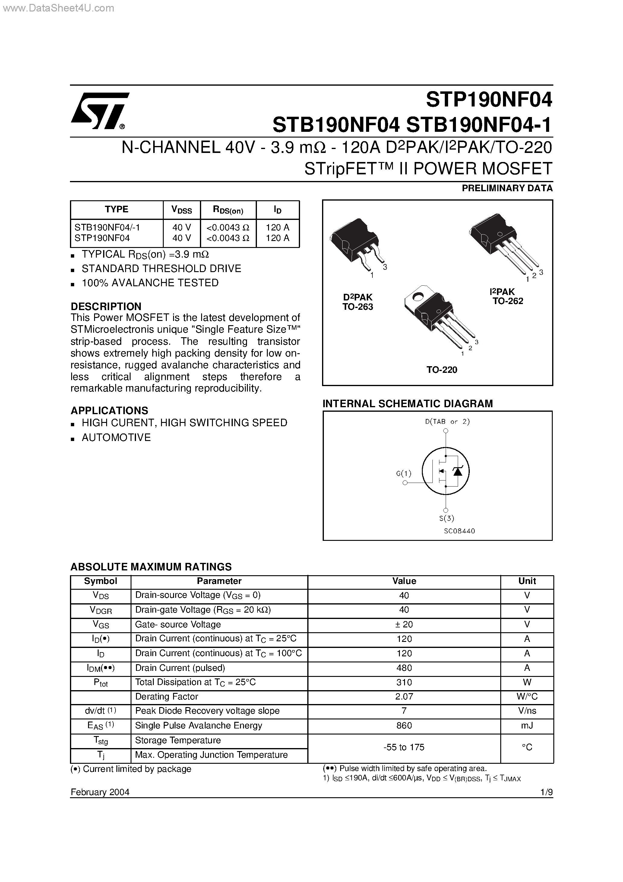 Datasheet STP190NF04 - N-CHANNEL POWER MOSFET page 1