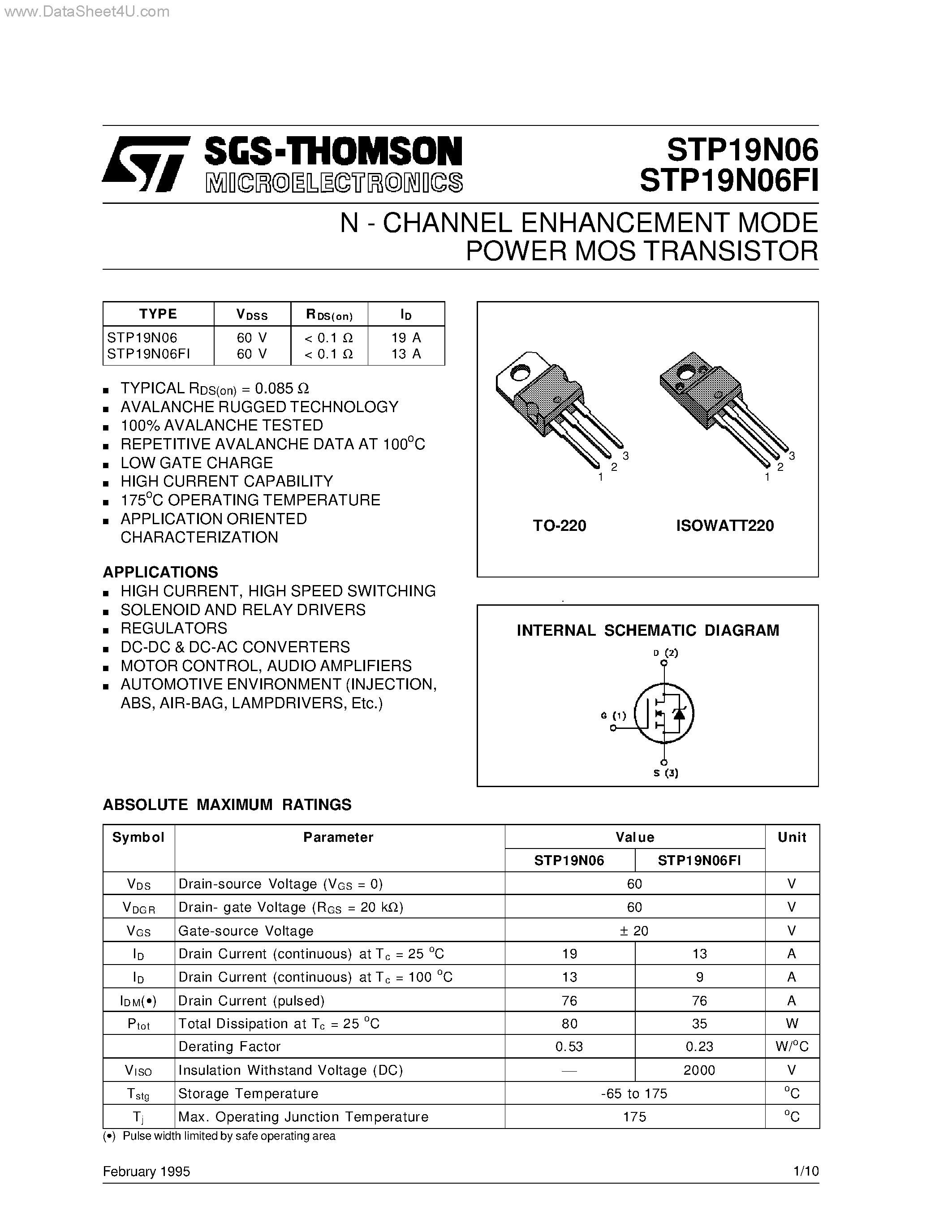 Datasheet STP19N06 - N-CHANNEL ENHANCEMENT MODE POWER MOS TRANSISTOR page 1