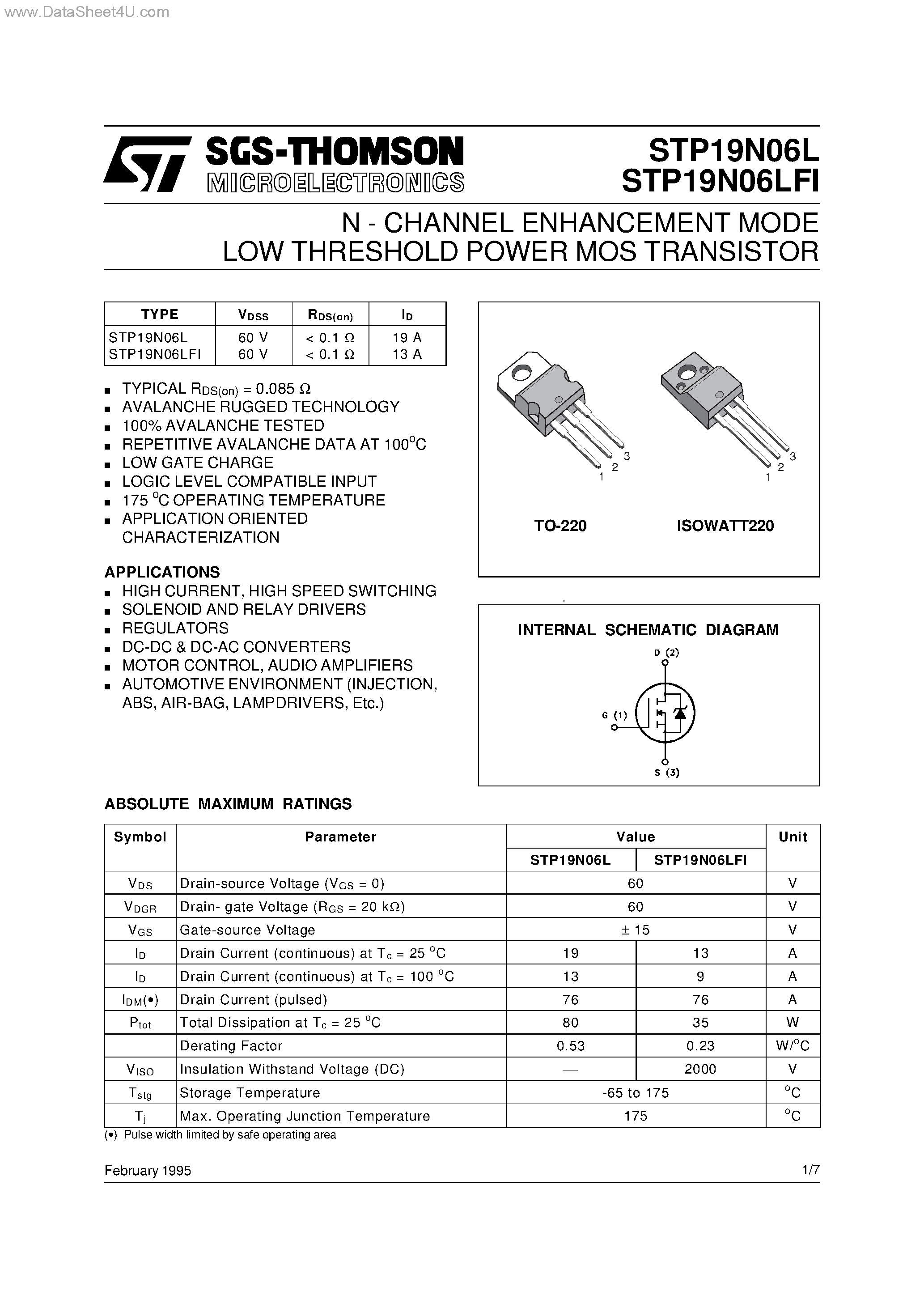 Datasheet STP19N06L - N-CHANNEL ENHANCEMENT MODE LOW THRESHOLD POWER MOS TRANSISTOR page 1
