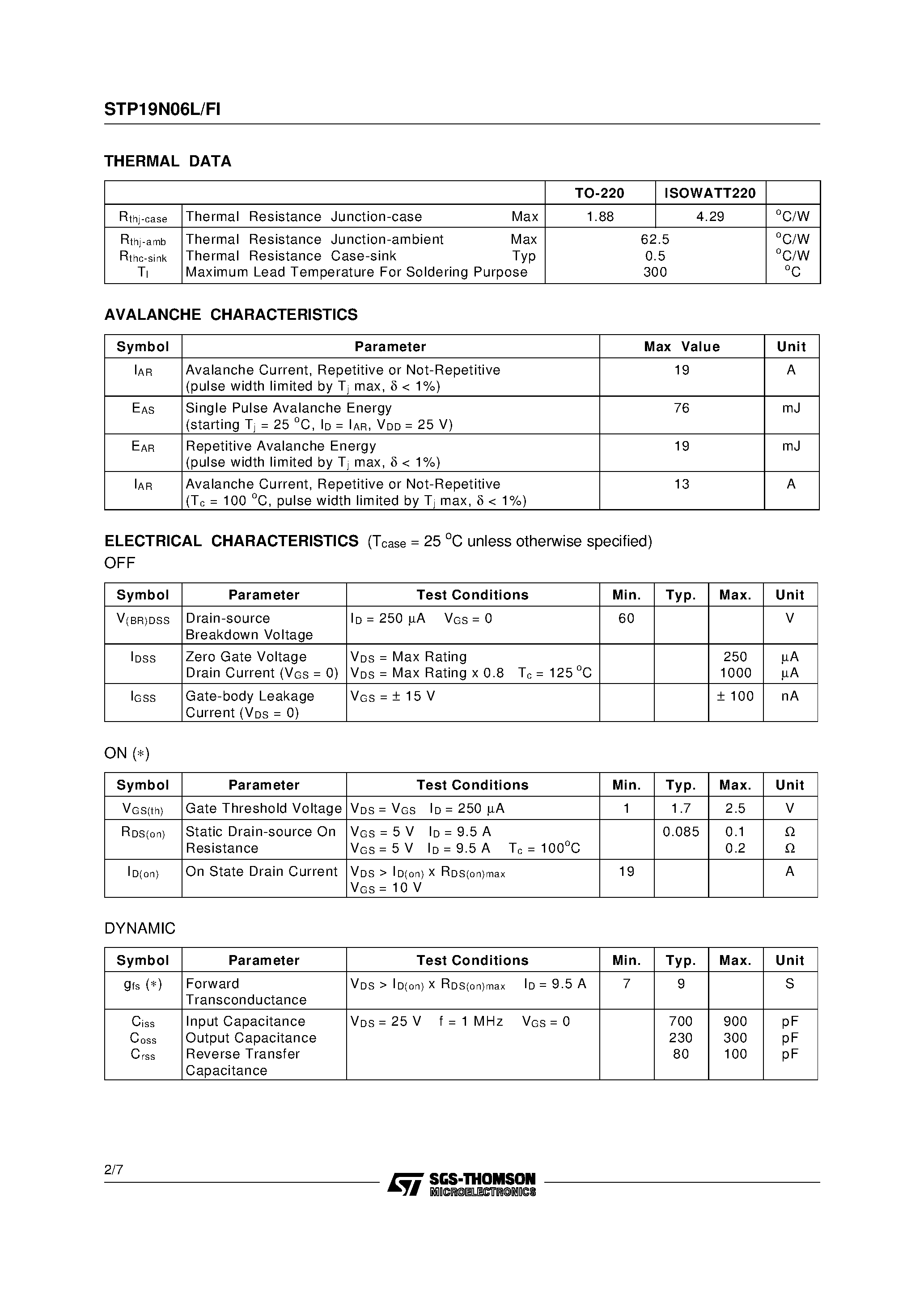 Datasheet STP19N06L - N-CHANNEL ENHANCEMENT MODE LOW THRESHOLD POWER MOS TRANSISTOR page 2