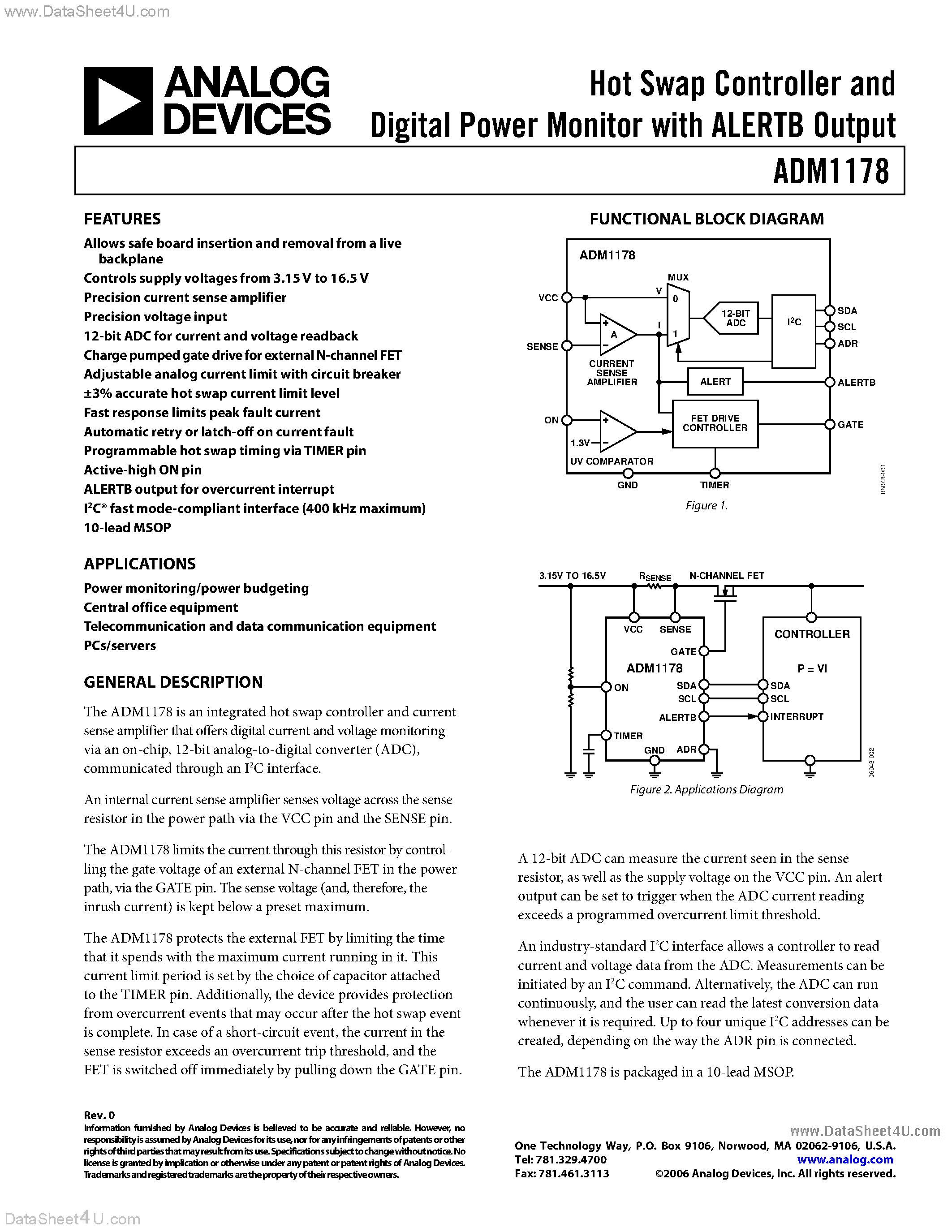Datasheet ADM1178 page 1 Datasheet ADM1178 - Hot Swap Controller and Digital Power Monitor page 1