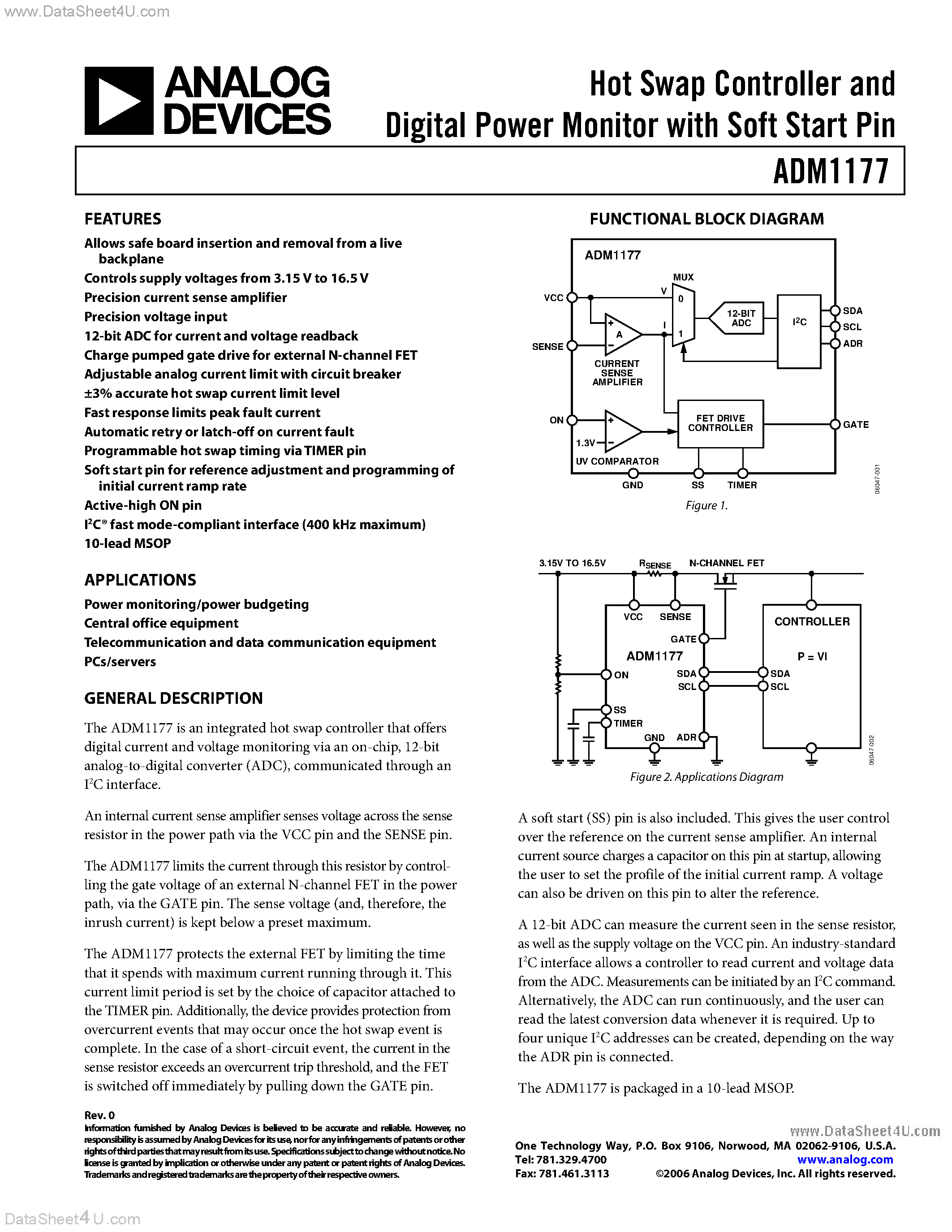 Datasheet ADM1177 page 1 Datasheet ADM1177 - Hot Swap Controller and Digital Power Monitor page 1