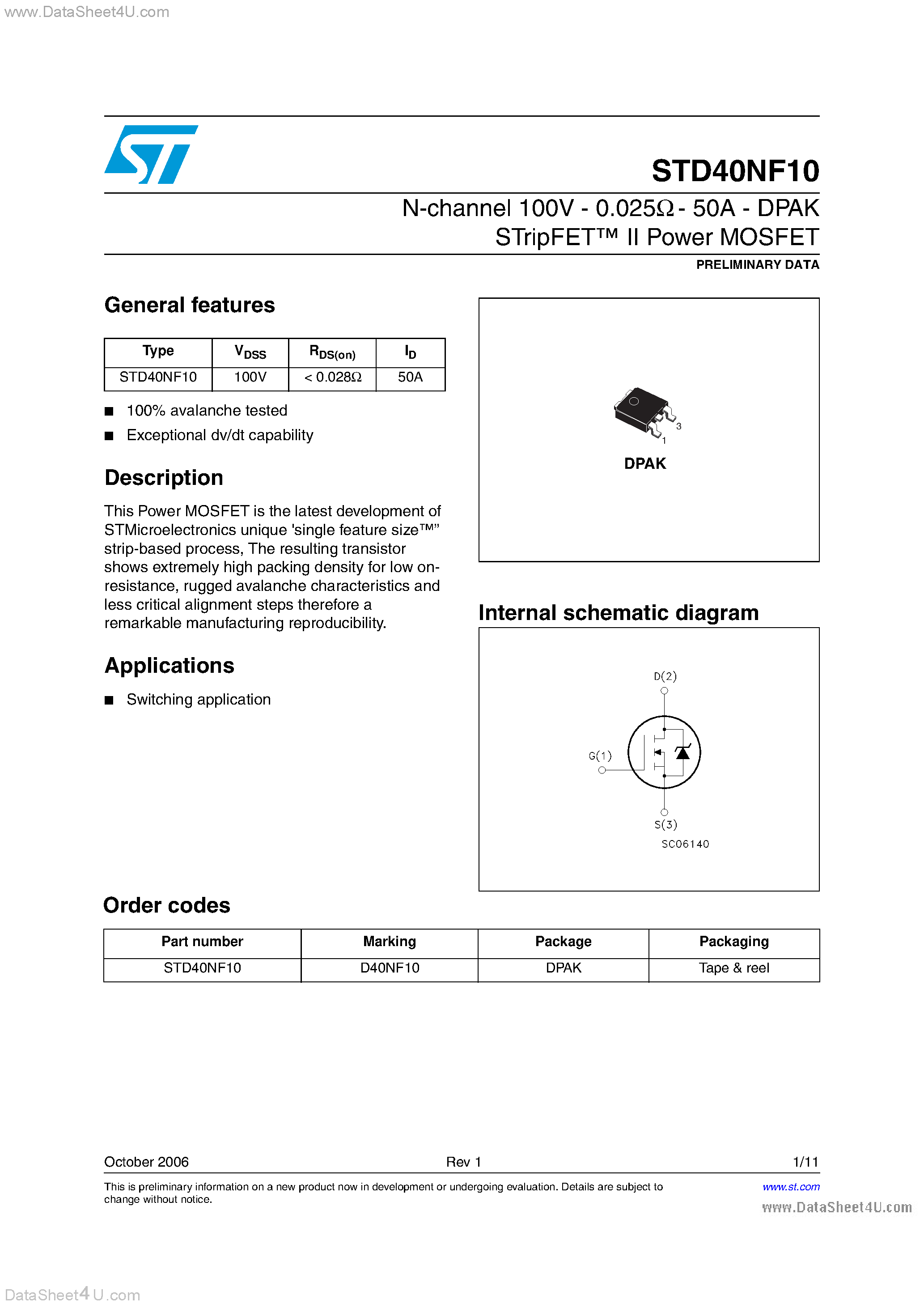 Datasheet STD40NF10 page 1 Datasheet STD40NF10 - N-Channel Power MOSFET page 1