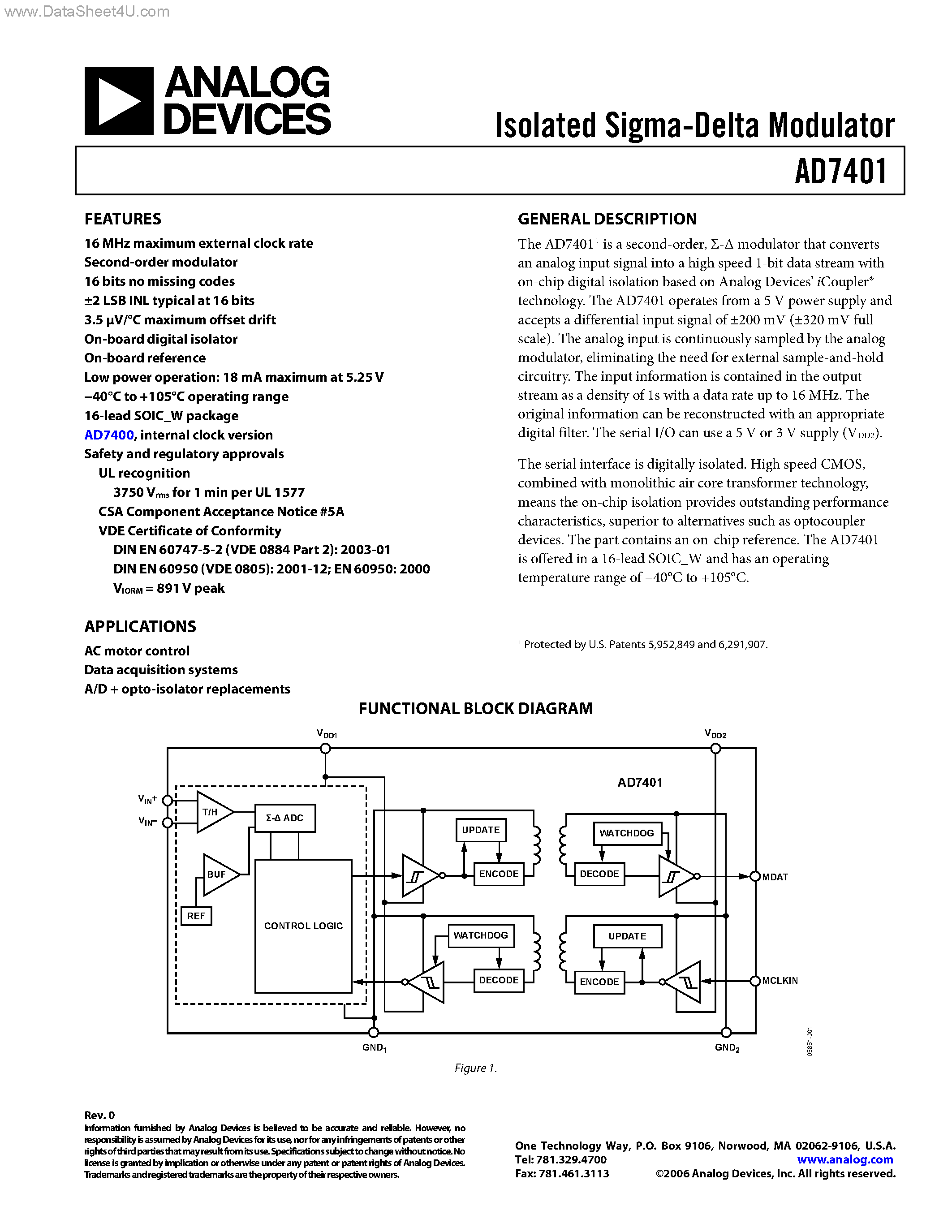 Datasheet AD7401 - Isolated Sigma-Delta Modulator page 1
