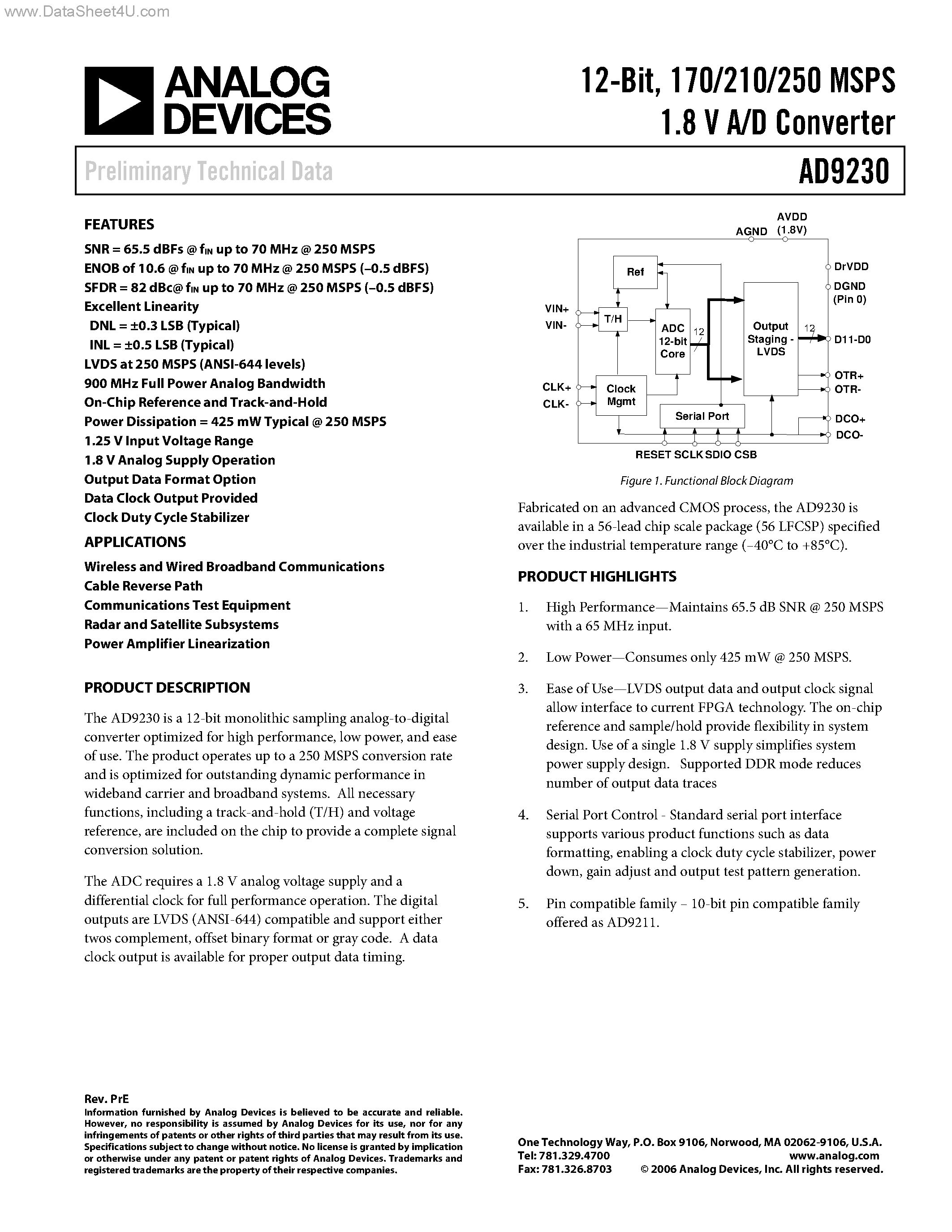 Datasheet AD9230 - A/D Converter page 1