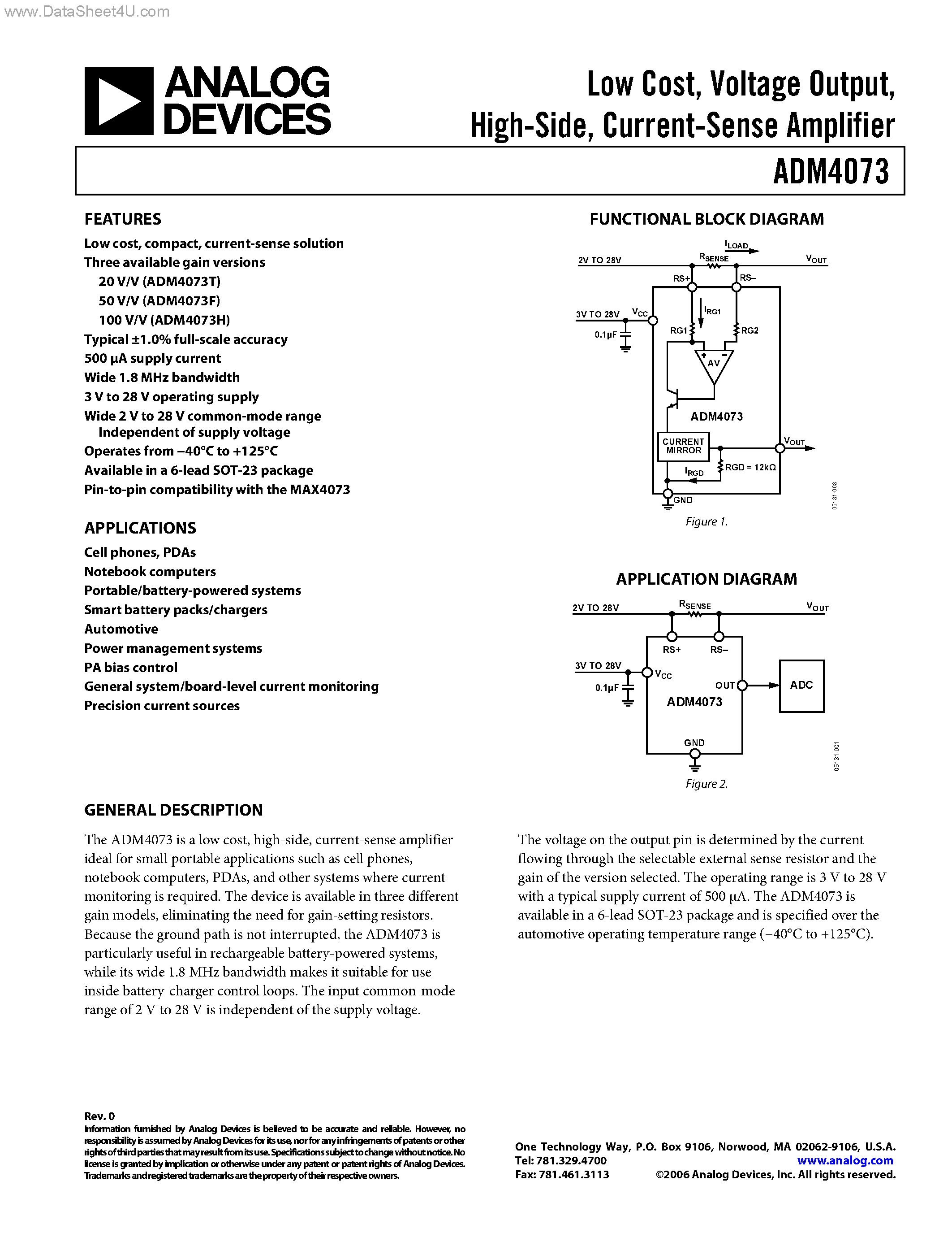 Datasheet ADM4073 - Current-Sense Amplifier page 1