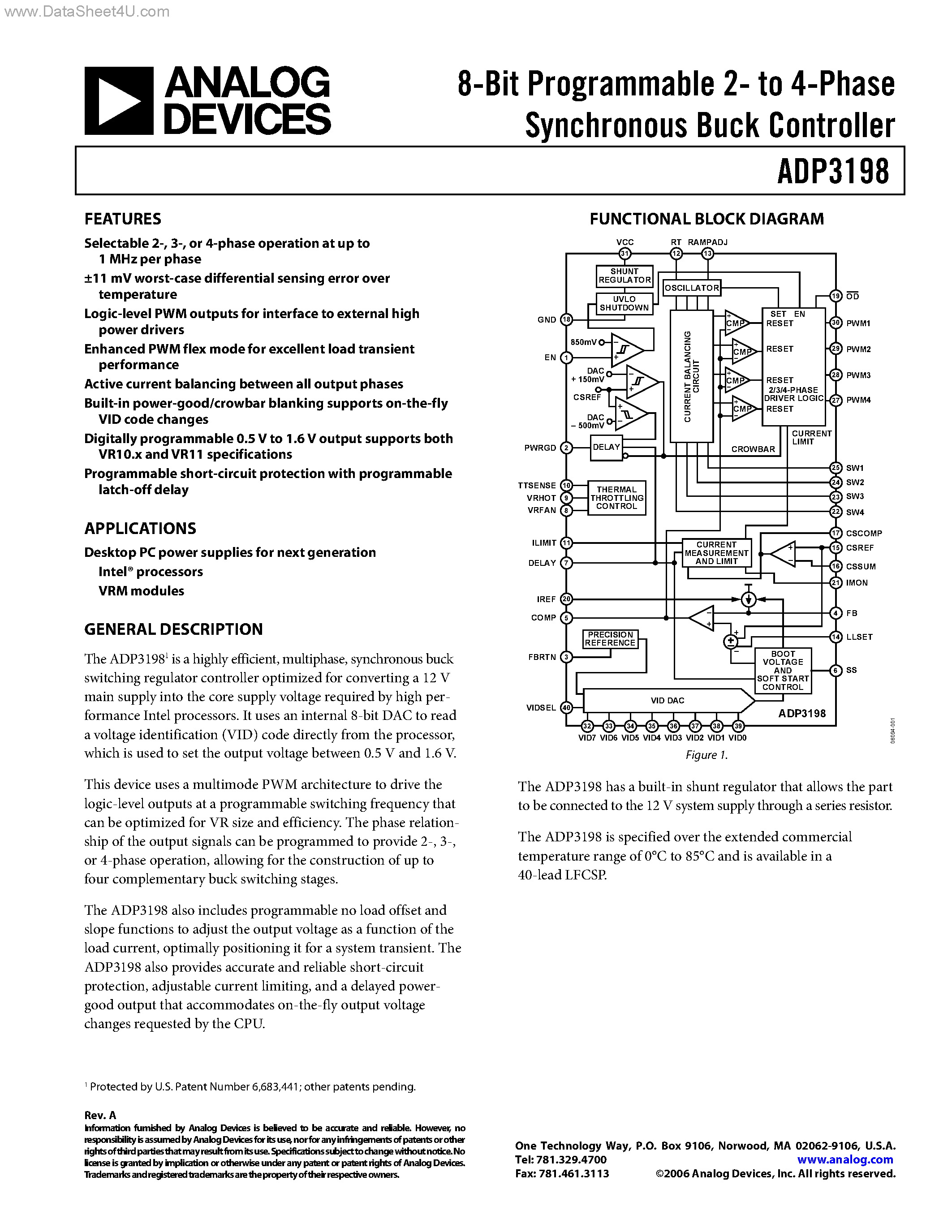 Datasheet ADP3198 - 8-Bit Programmable 2- to 4-Phase Synchronous Buck Controller page 1