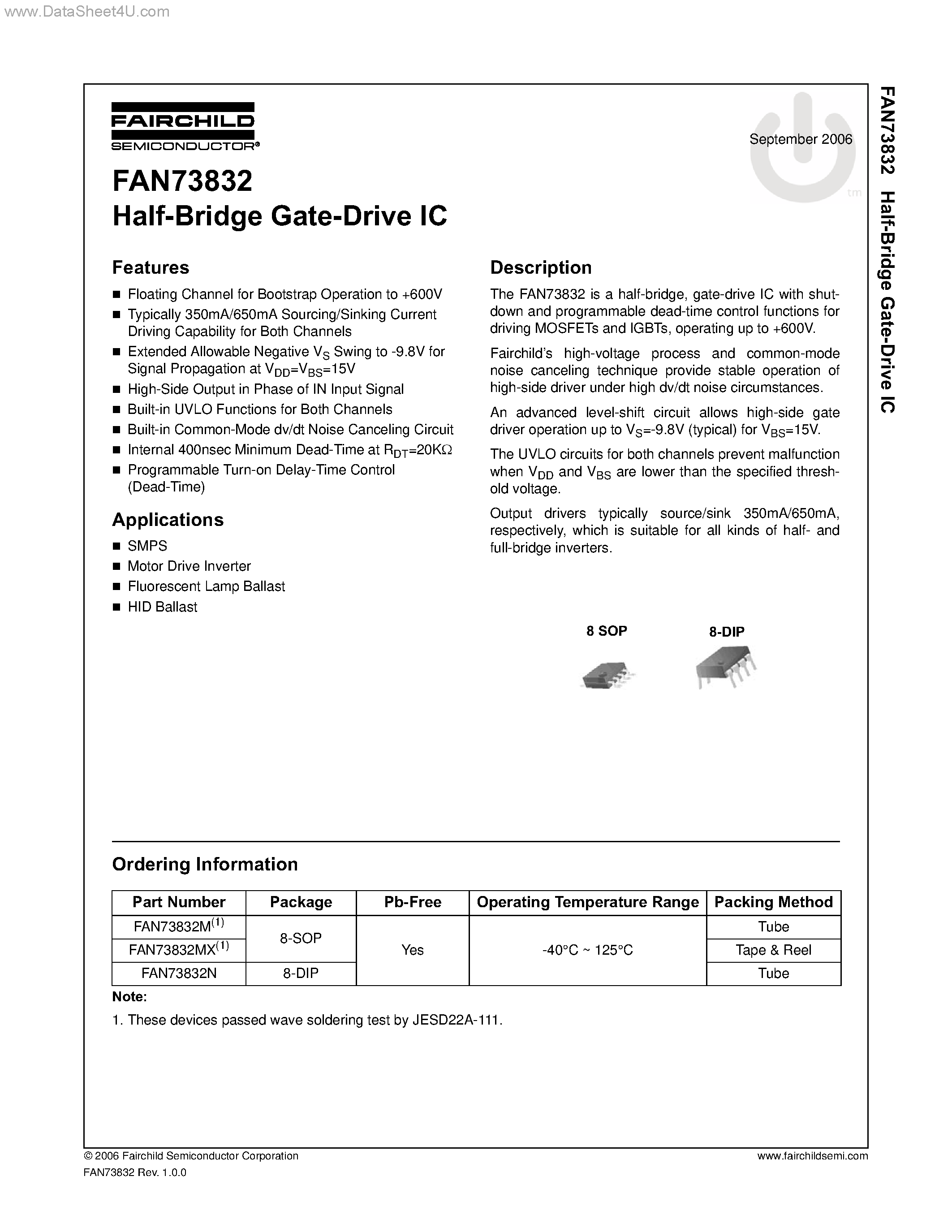 Даташит FAN73832 - Half-Bridge Gate-Drive IC страница 1