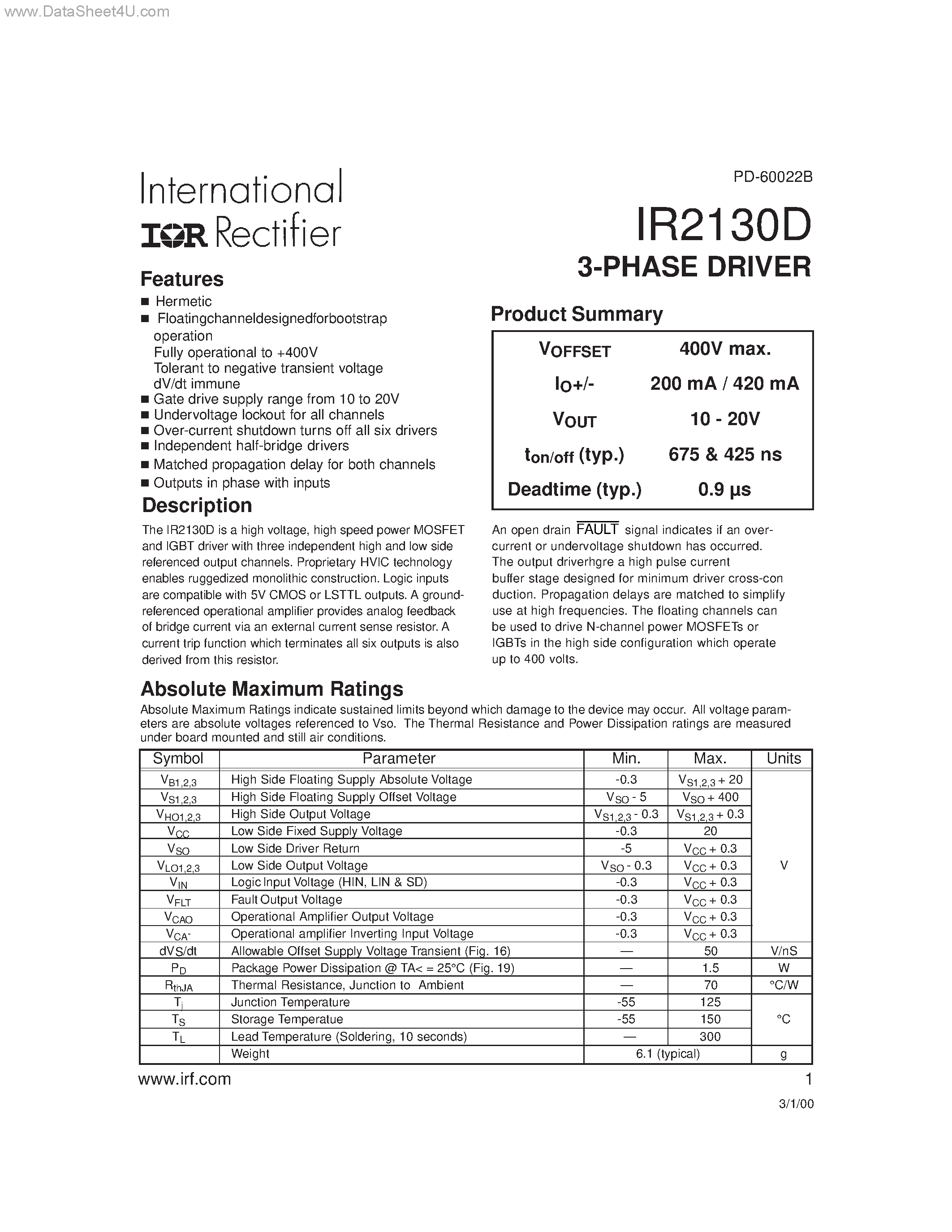Datasheet IR2130D - 3-PHASE DRIVER page 1