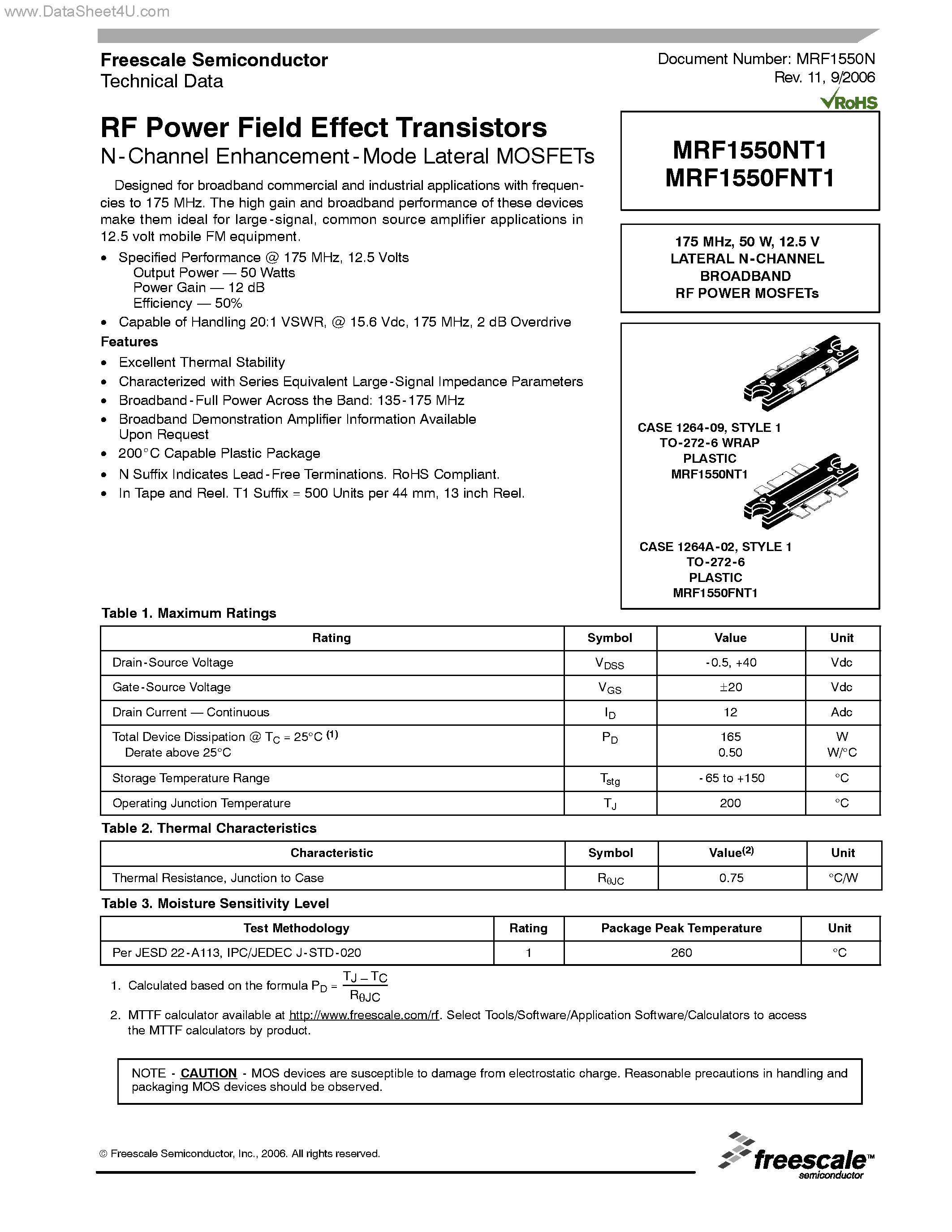 Datasheet MRF1550FNT1 - RF Power Field Effect Transistors N-Channel Enhancement-Mode Lateral MOSFETs page 1