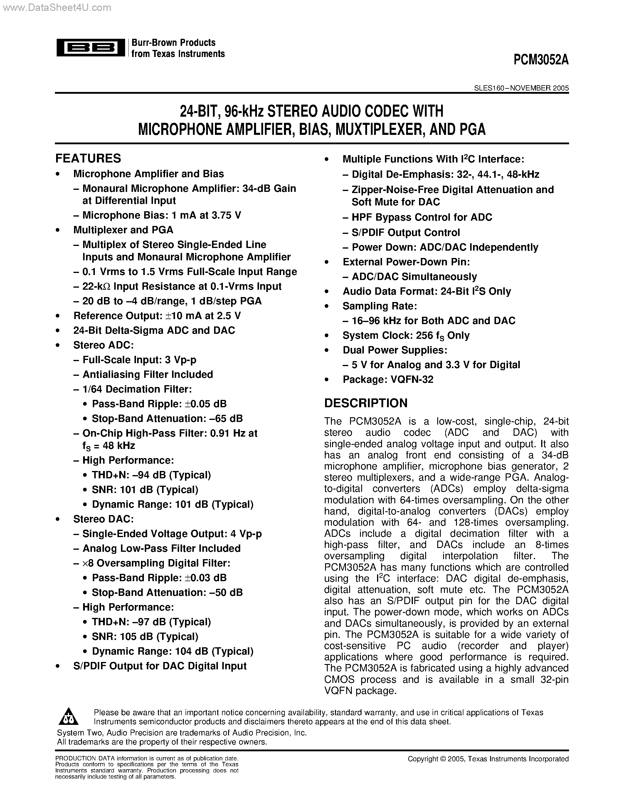 Даташит PCM3052A - STEREO AUDIO CODEC страница 1