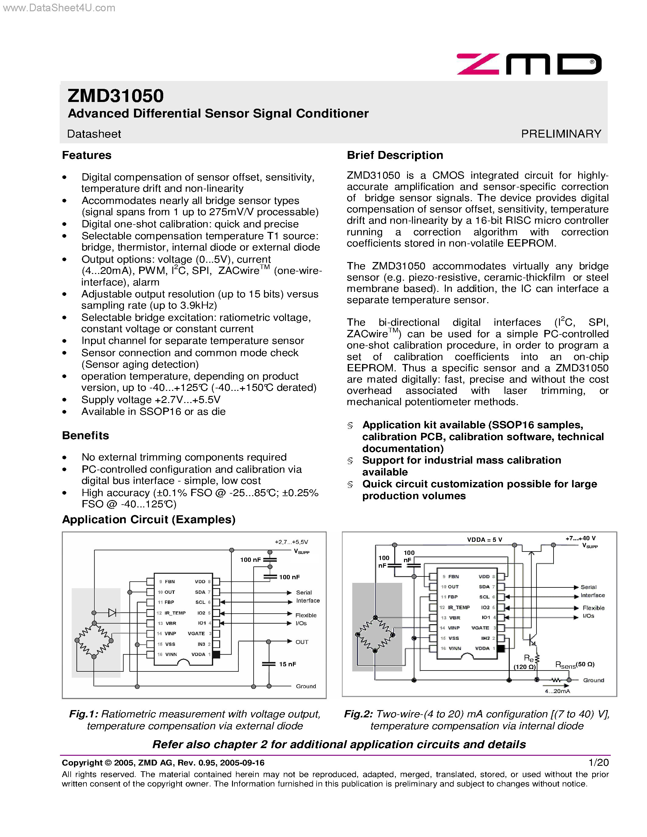 Даташит на микросхему ZMD31050 страница 1 Даташит ZMD31050 - Advanced Differential Sensor Signal Conditioner страница 1