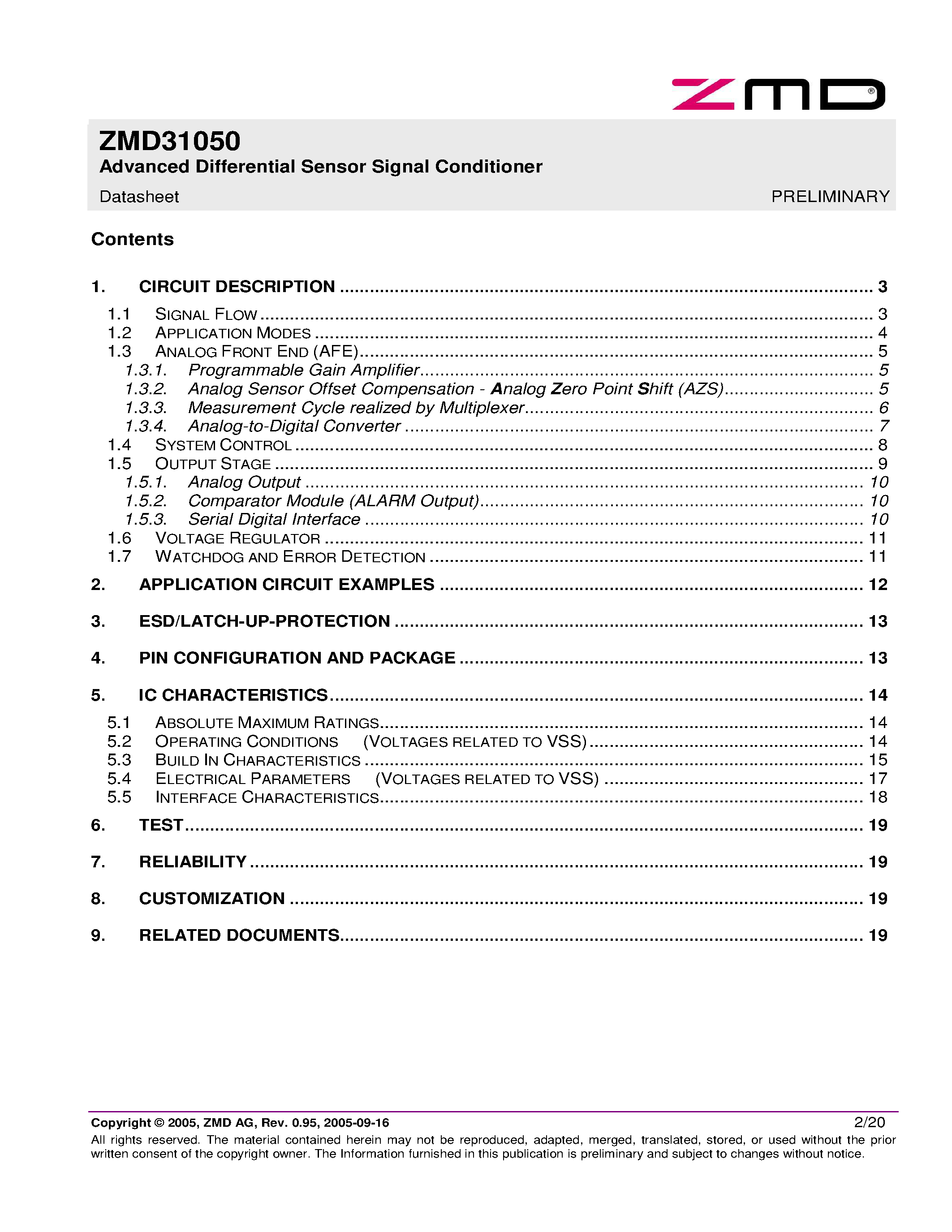 Даташит на микросхему ZMD31050 страница 2 Даташит ZMD31050 - Advanced Differential Sensor Signal Conditioner страница 2