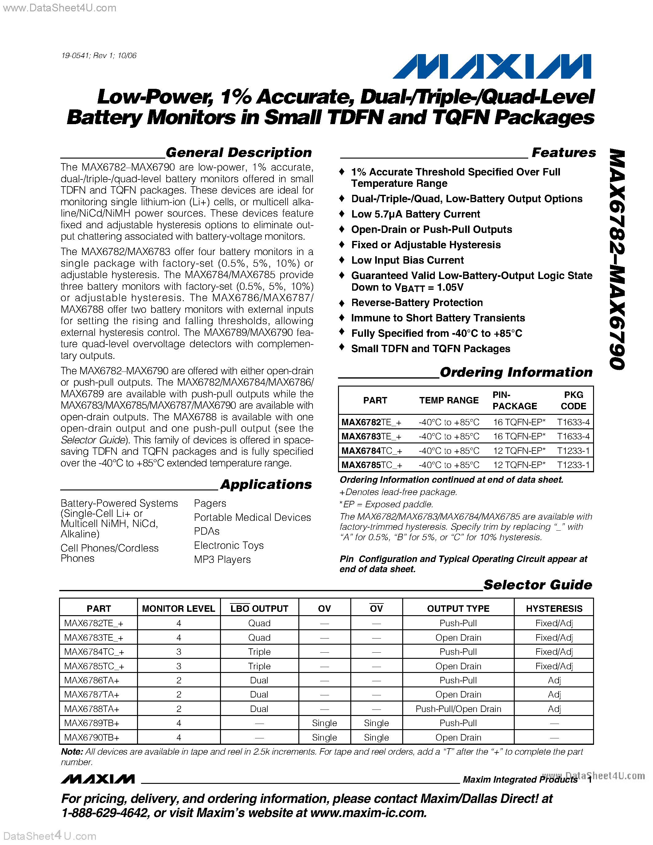 Datasheet MAX6782 - (MAX6782 - MAX6790) Battery Monitors page 1