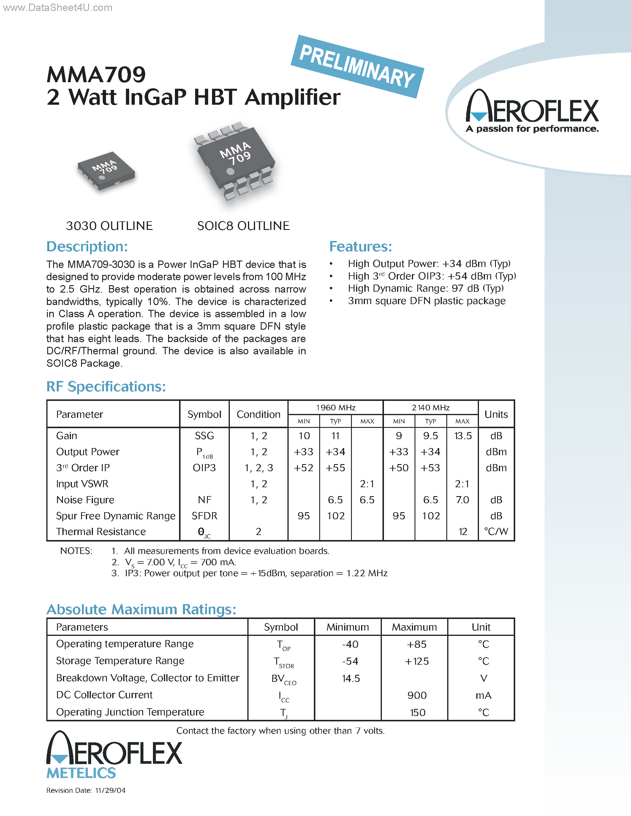 Datasheet MMA709 - 2 Watt InGaP HBT Amplifier page 1