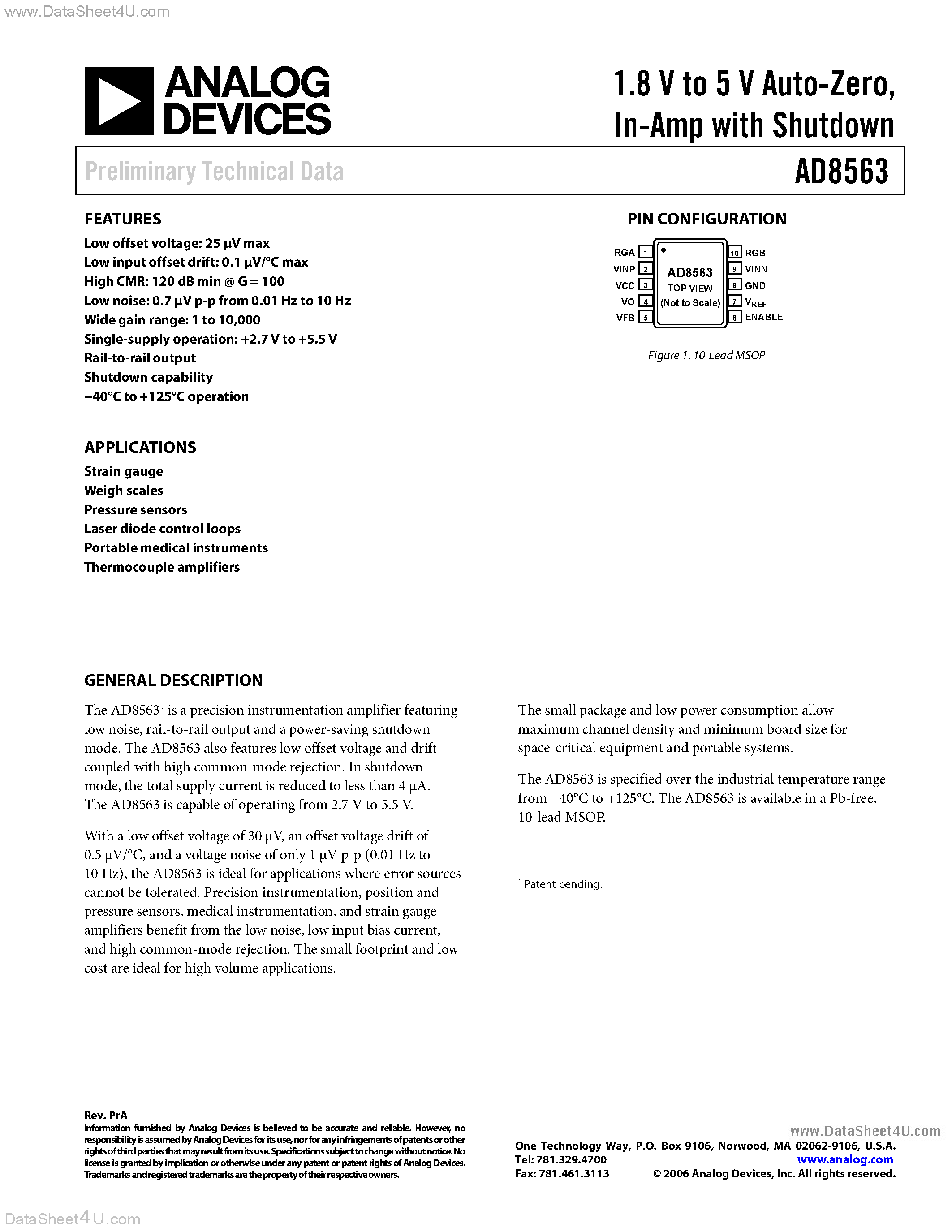 Datasheet AD8563 page 1 Datasheet AD8563 - Auto Zero In-Amp page 1
