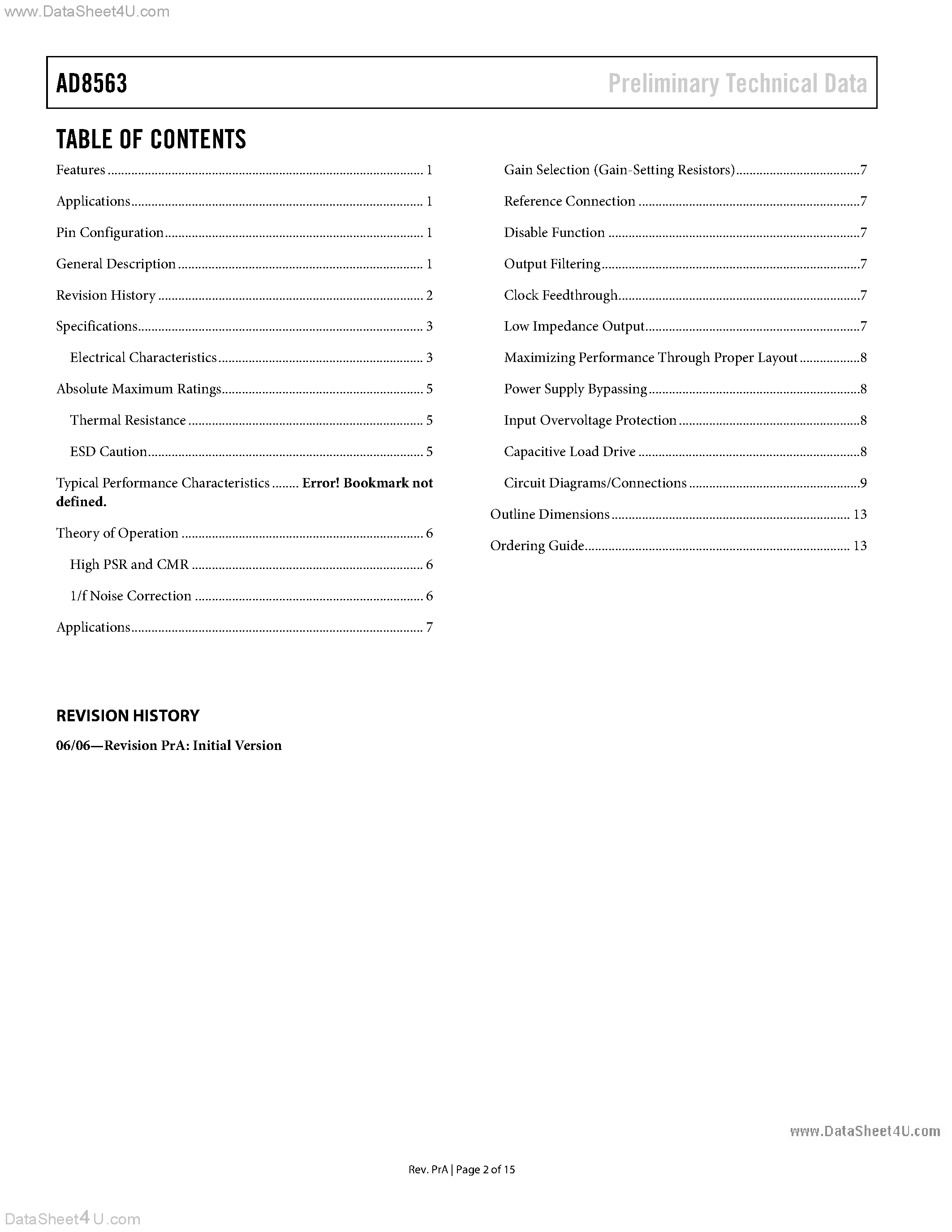 Datasheet AD8563 page 2 Datasheet AD8563 - Auto Zero In-Amp page 2