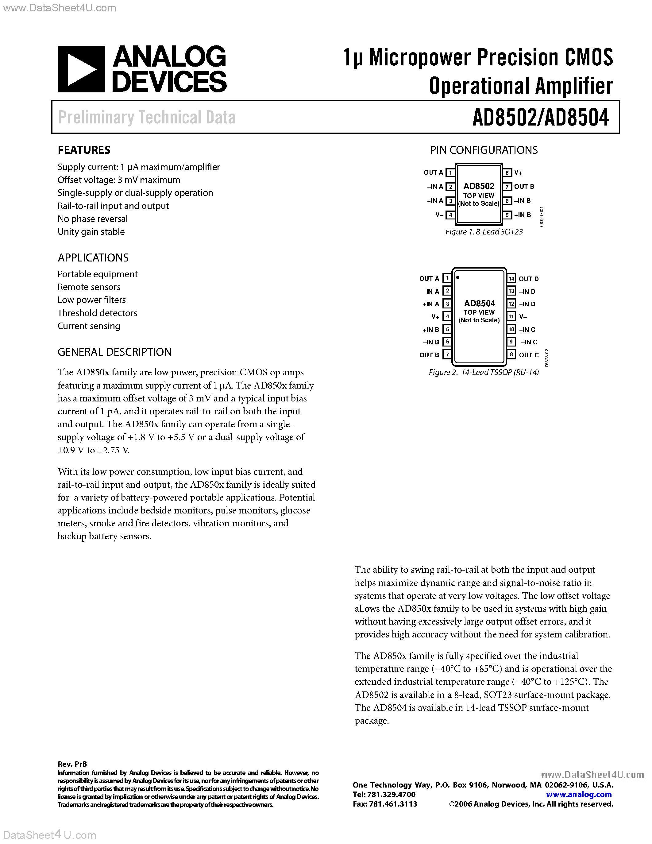 Даташит на микросхему AD8504 страница 1 Даташит AD8504 - (AD8502 / AD8504) Micropower Precision CMOS Operational Amplifier страница 1