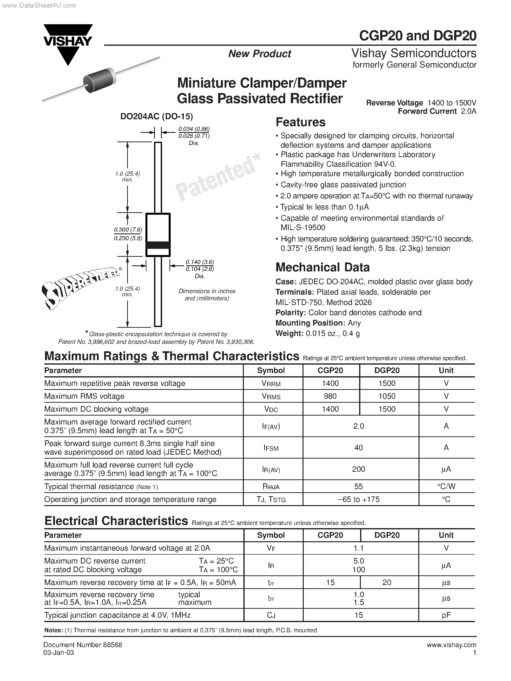 Datasheet CGP20 - Miniature Clamper/Damper Glass Passivated Rectifier page 1