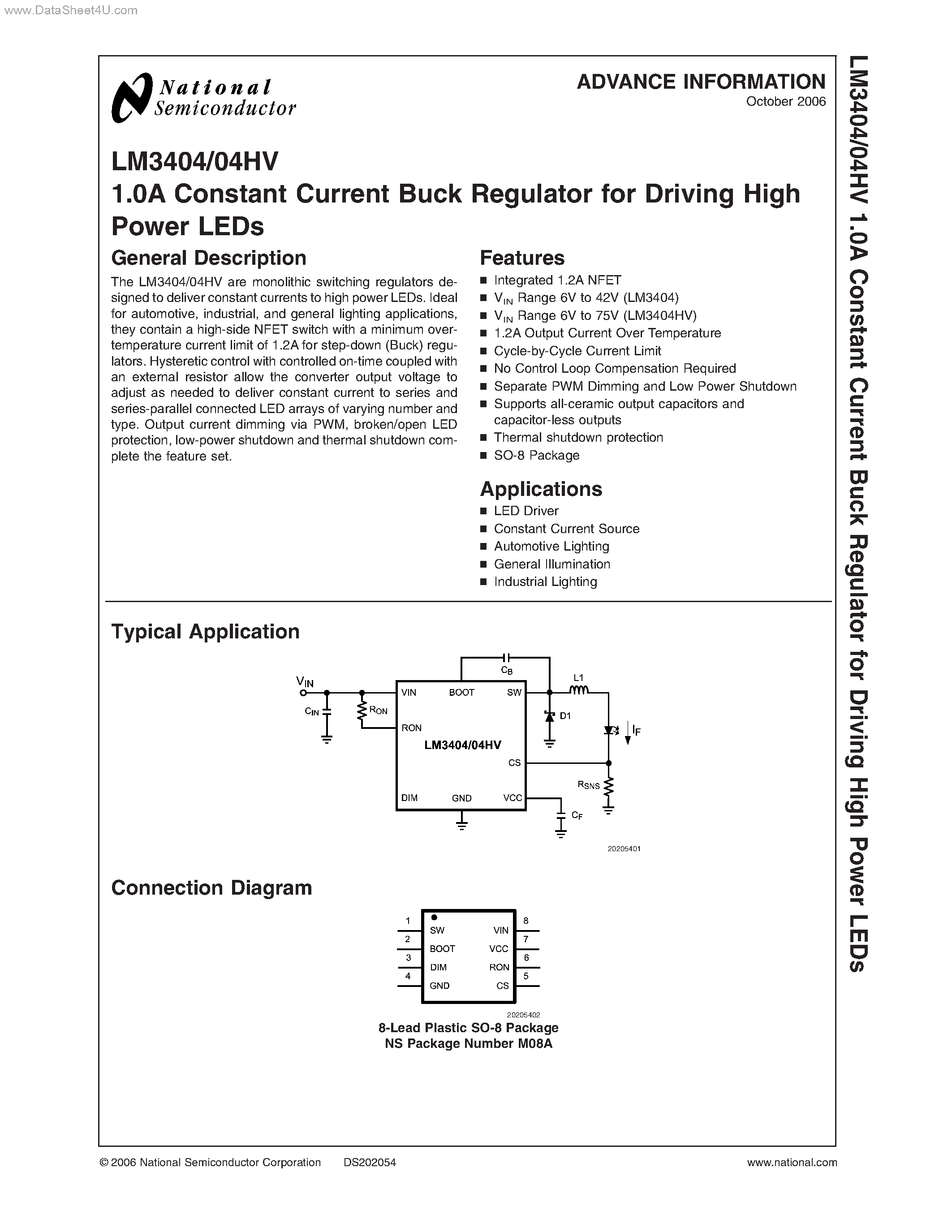 Datasheet LM3404 - 1.0A Constant Current Buck Regulator page 1