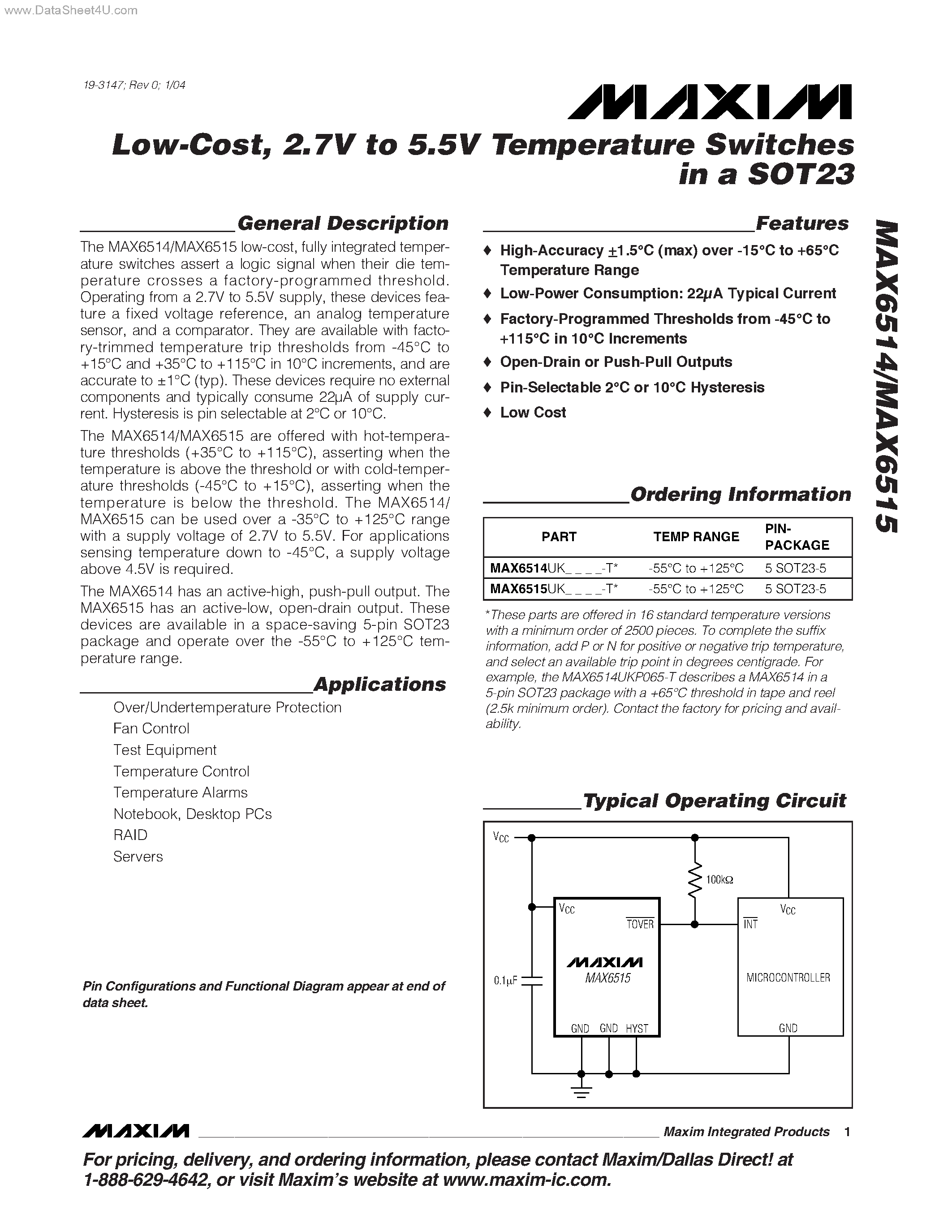 Даташит на микросхему MAX6514 страница 1 Даташит MAX6514 - (MAX6514 / MAX6515) Temperature Switches страница 1